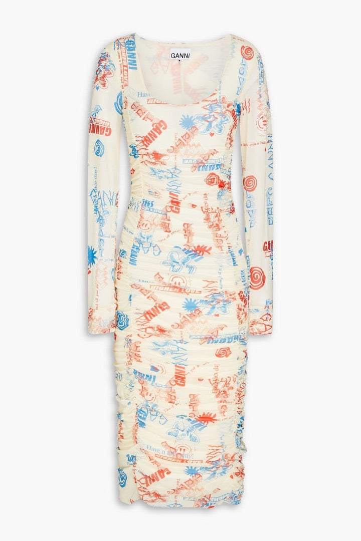 Ganni Graffiti Print Rouched Dress, 44