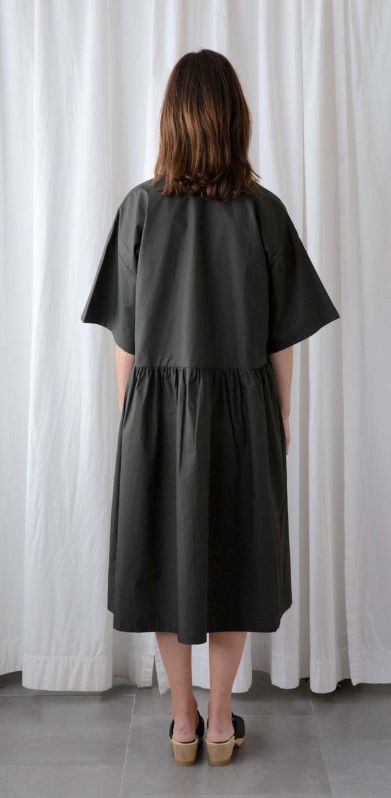 Black Crane V-Neck Wide Cotton Dress, S (oversized)