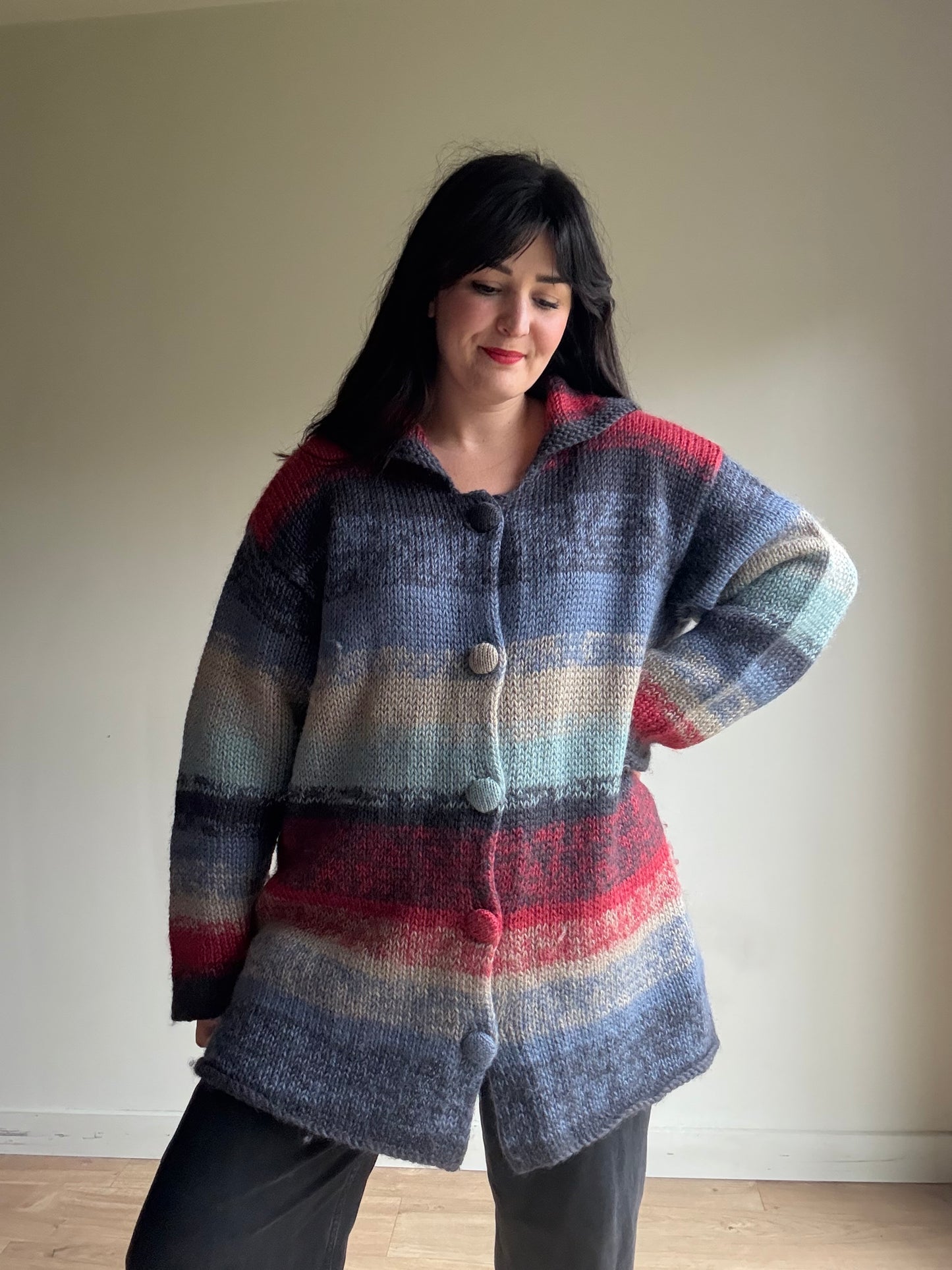 Handknit Button Up Chunky Cardigan, XL