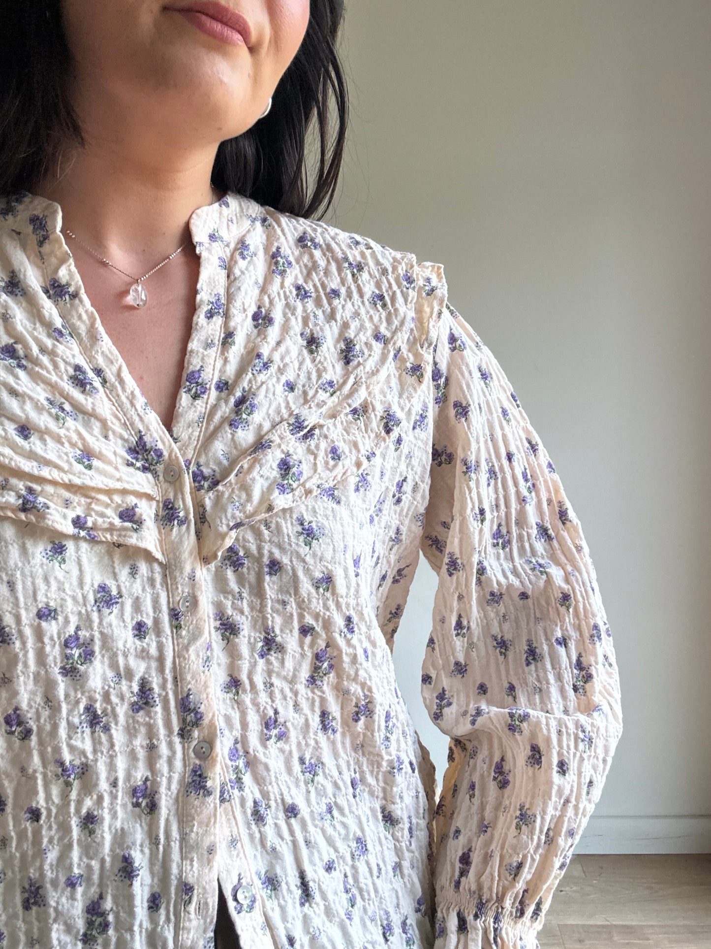 Cream Zara Floral Cotton Collared Blouse, XL