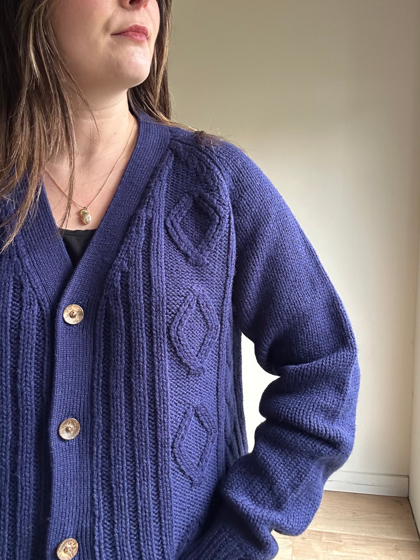 Vintage Cable Knit Wool Cardigan, L