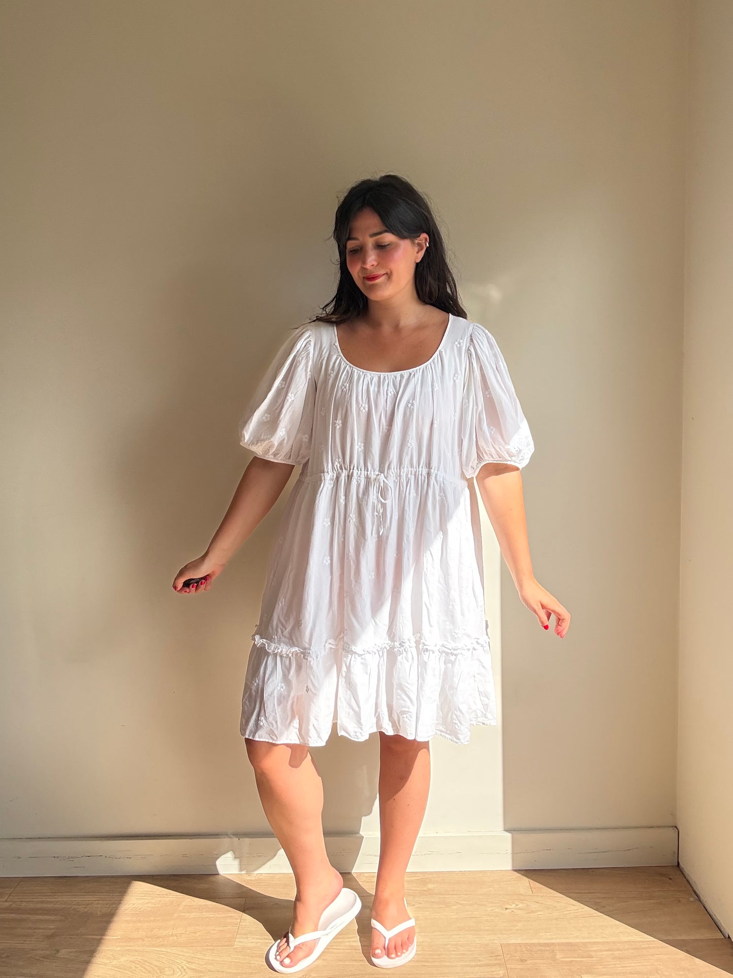 Pure Cotton Embroidered Tiered Dress, L