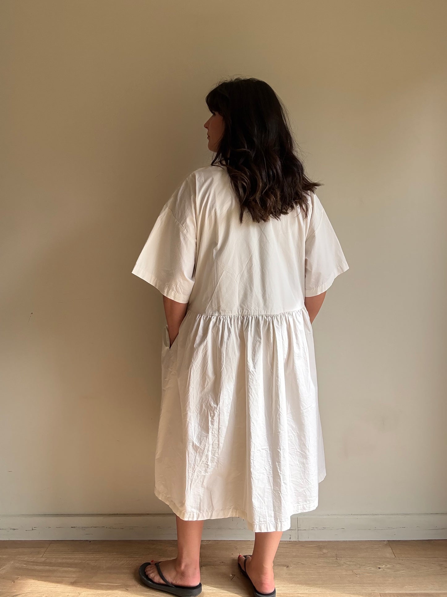 Black Crane V-Neck Wide Cotton Dress, S (oversized)