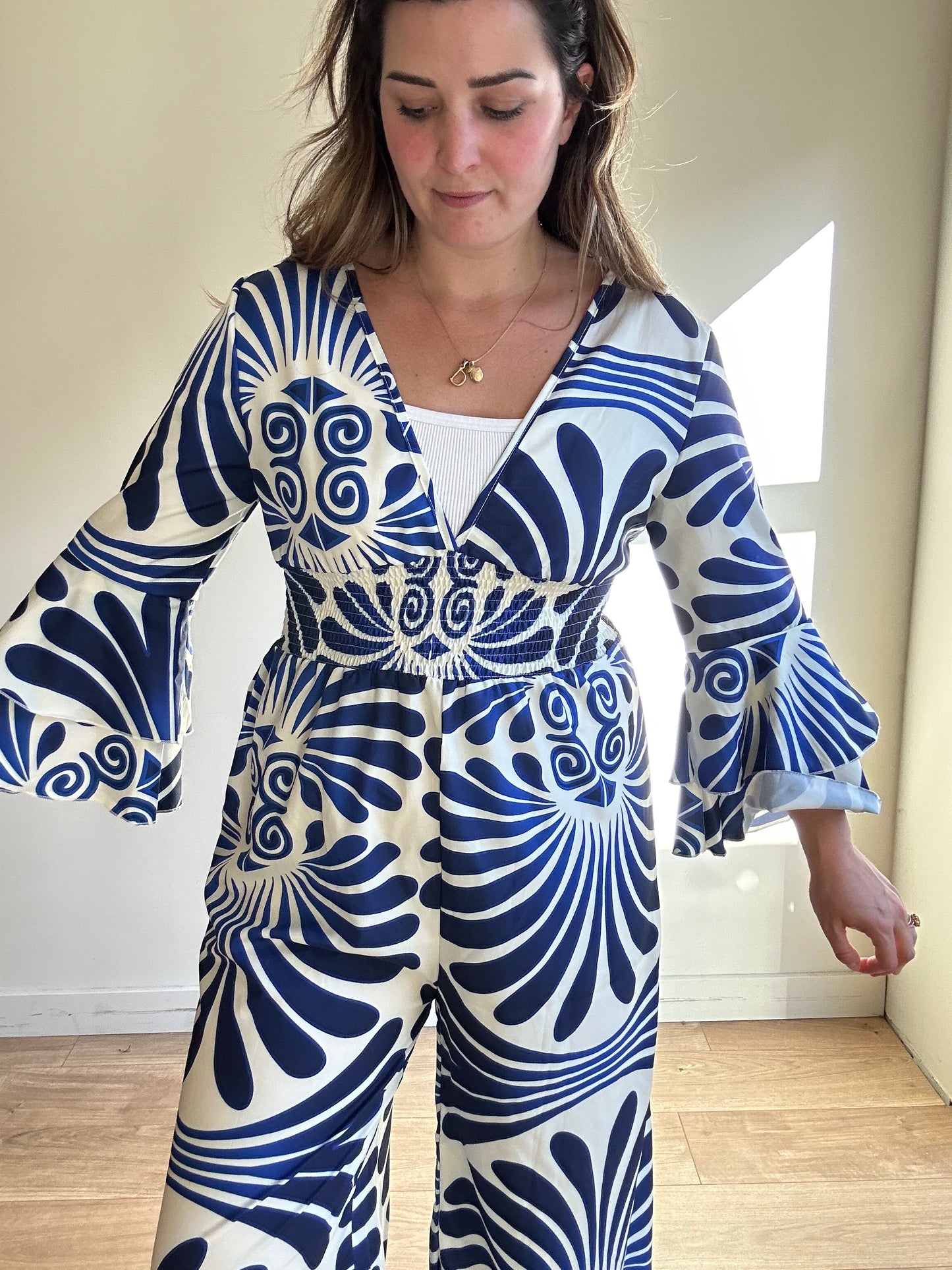 Bright Blue Printed Jumpsuit - Size S