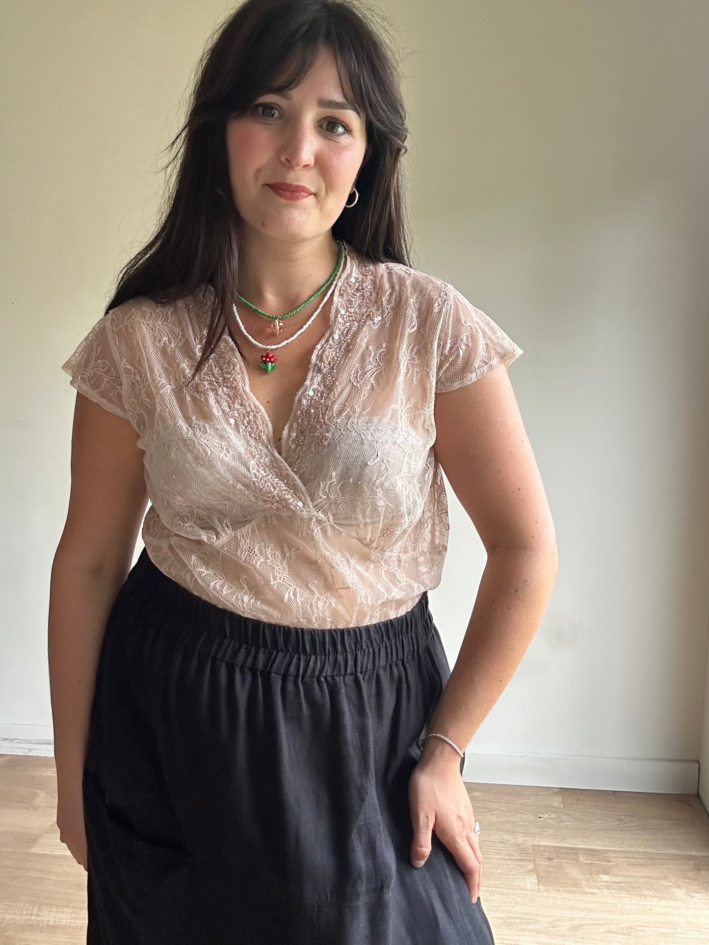 Blush Vintage Lace Beaded Top, XL