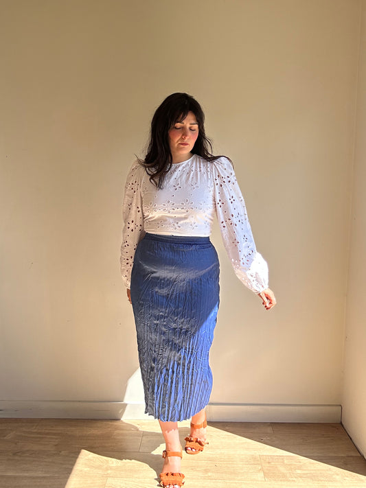Blue Zara NEW Satin Crinkle Midi Skirt, M
