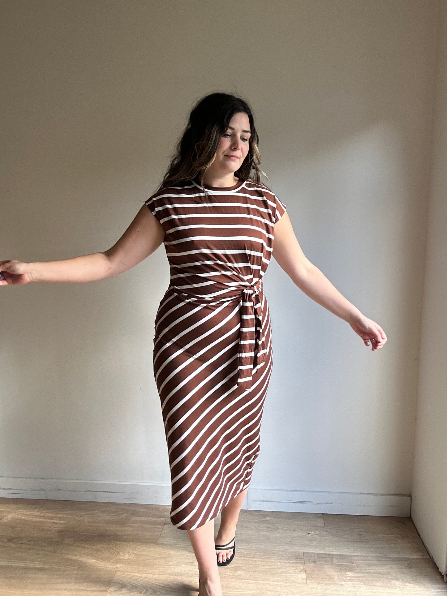 Brown Jersey Stripe Midi Dress, M