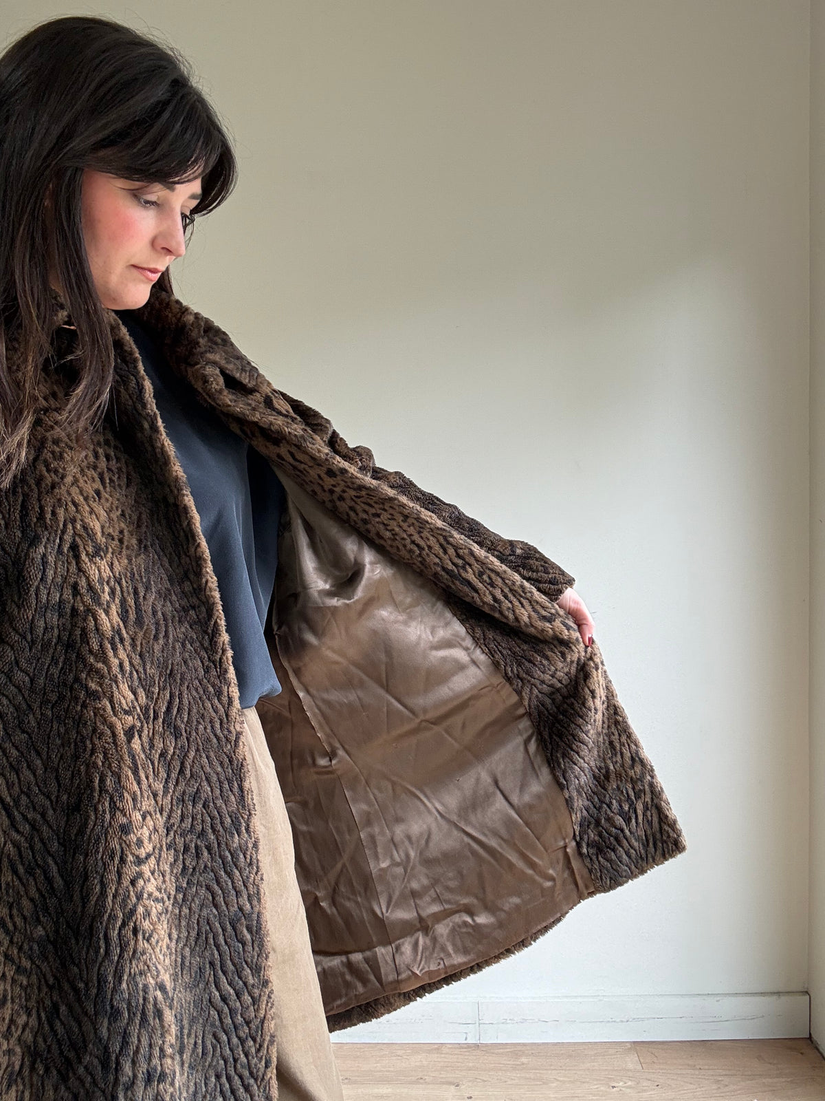 Vintage Jaeger Leopard Faux Fur Coat, M-L