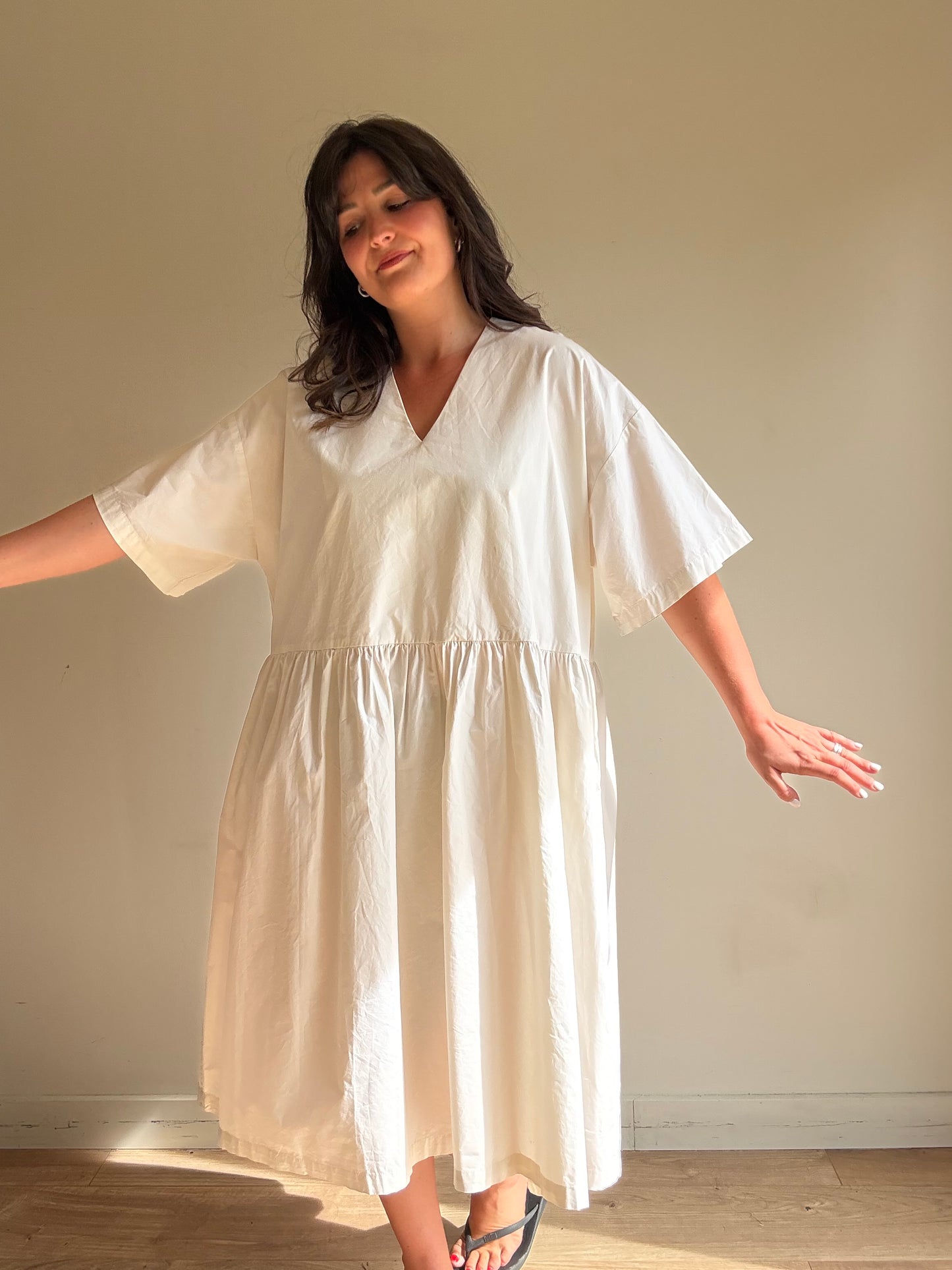 Black Crane V-Neck Wide Cotton Dress, S (oversized)