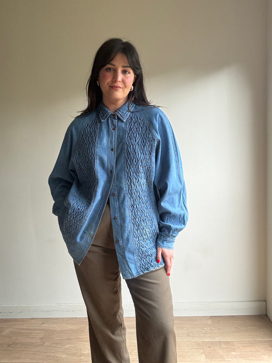 Vintage Gathered Embroidered Denim Shirt, L/XL