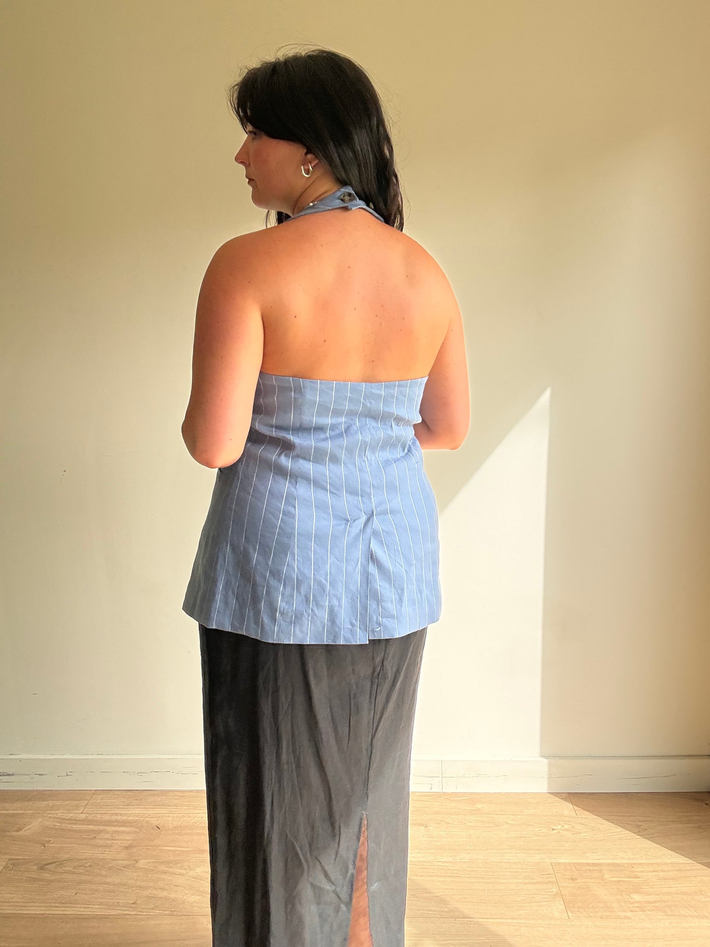 Aligne Pinstripe Halter Linen Waistcoat Top, 12