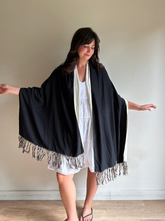 Vintage Silk Two Colour Fringe Scarf, O/S