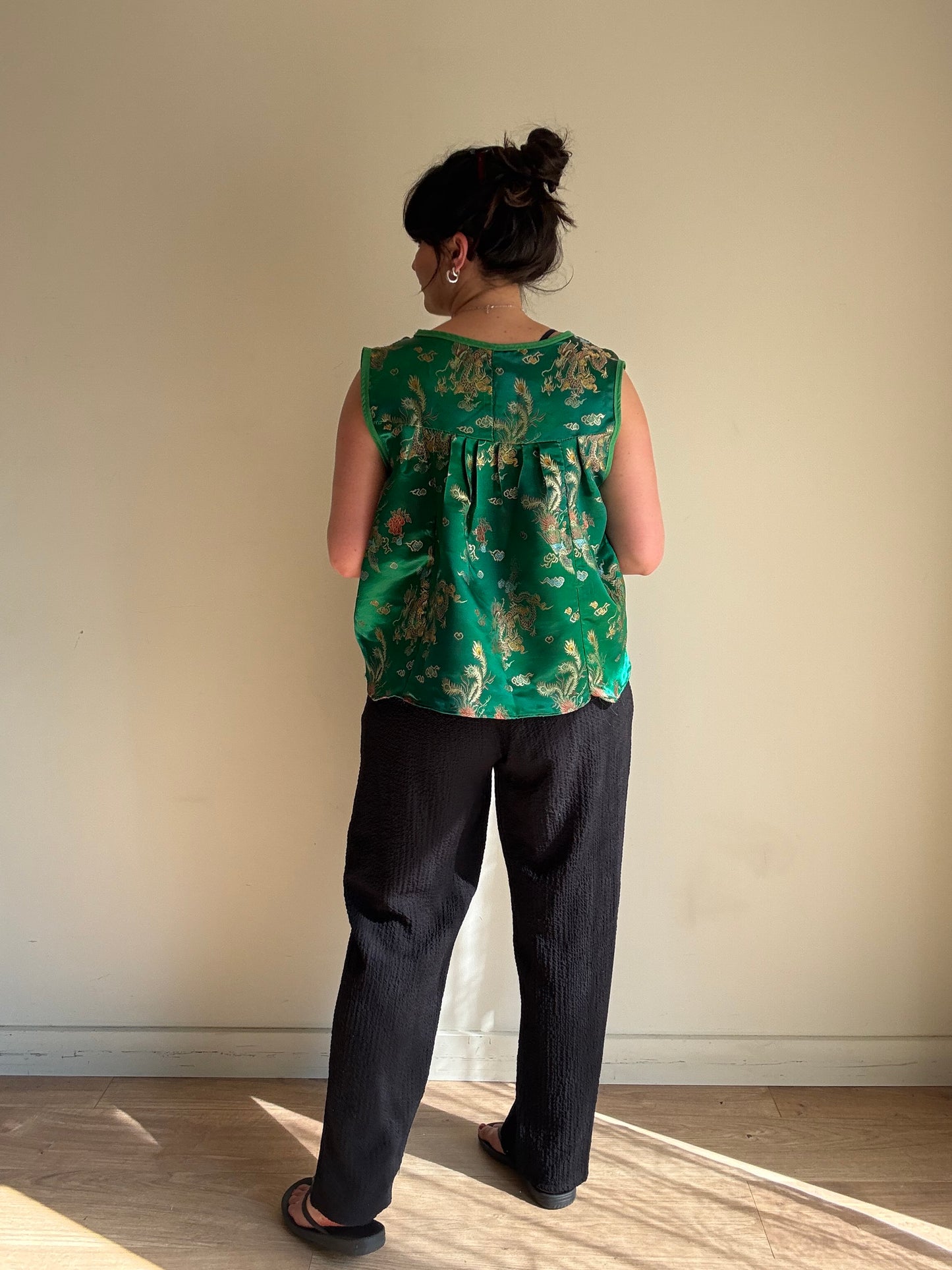 Handmade Chinese Print Satin Top, L/XL