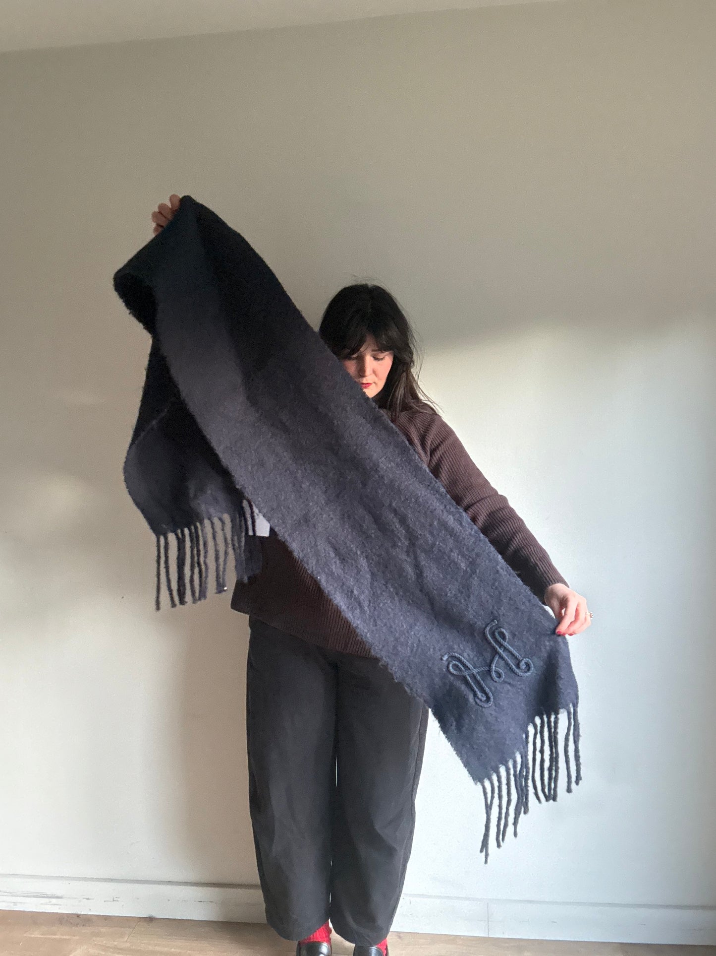 Fluffy Scarf with Embroidery, One Size