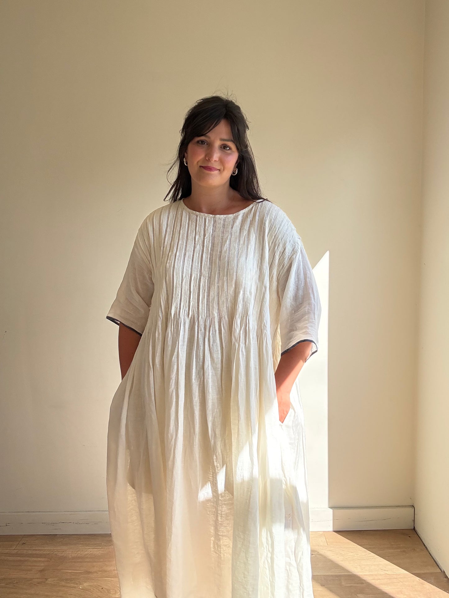 Maison De Soil Linen Pintuck Trim Dress, L-XL