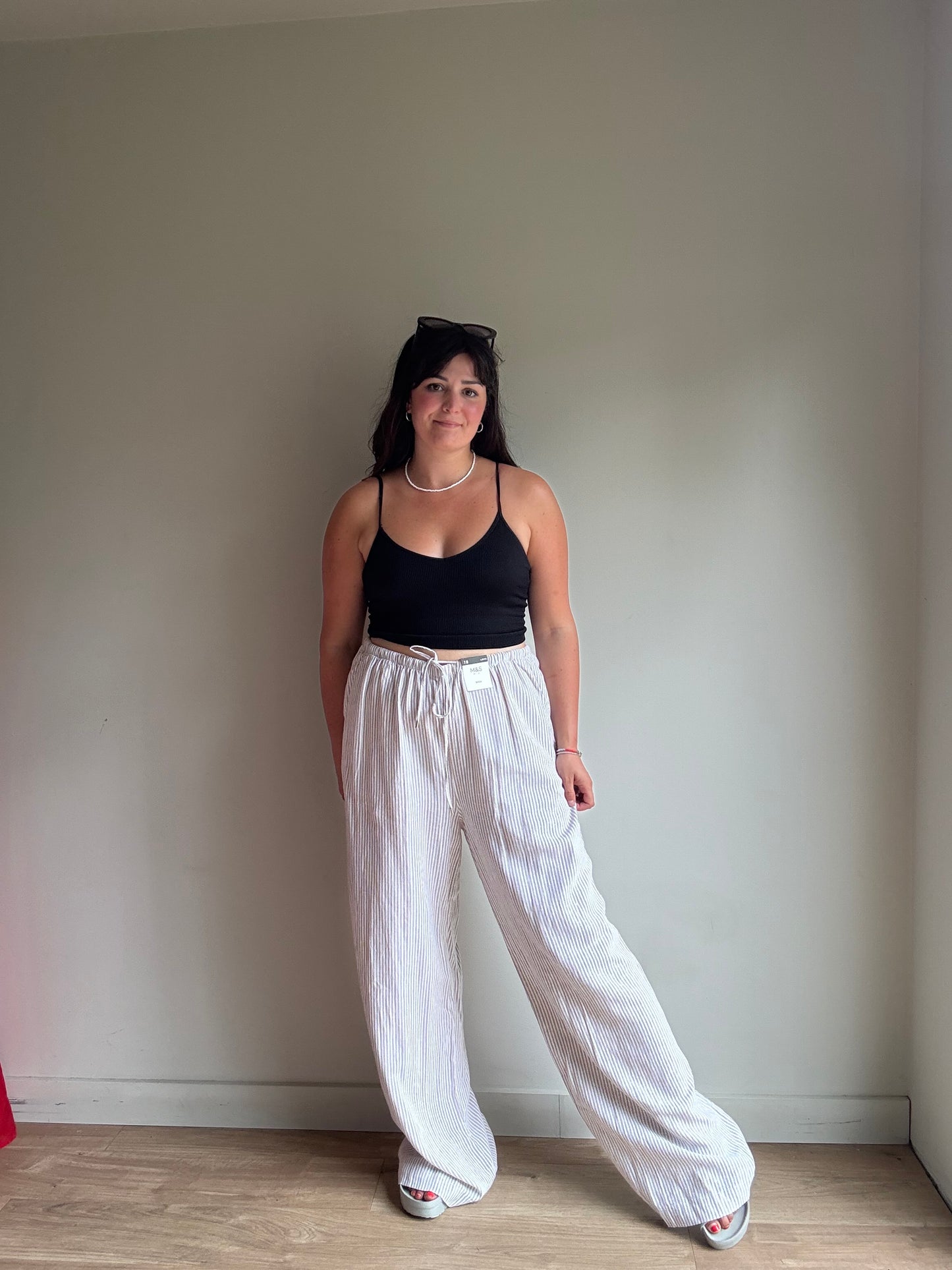 NEW M&S Linen Mix Stripe Trousers, 18