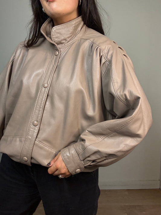 Real Leather Funnel Neck Bomber Jacket, M