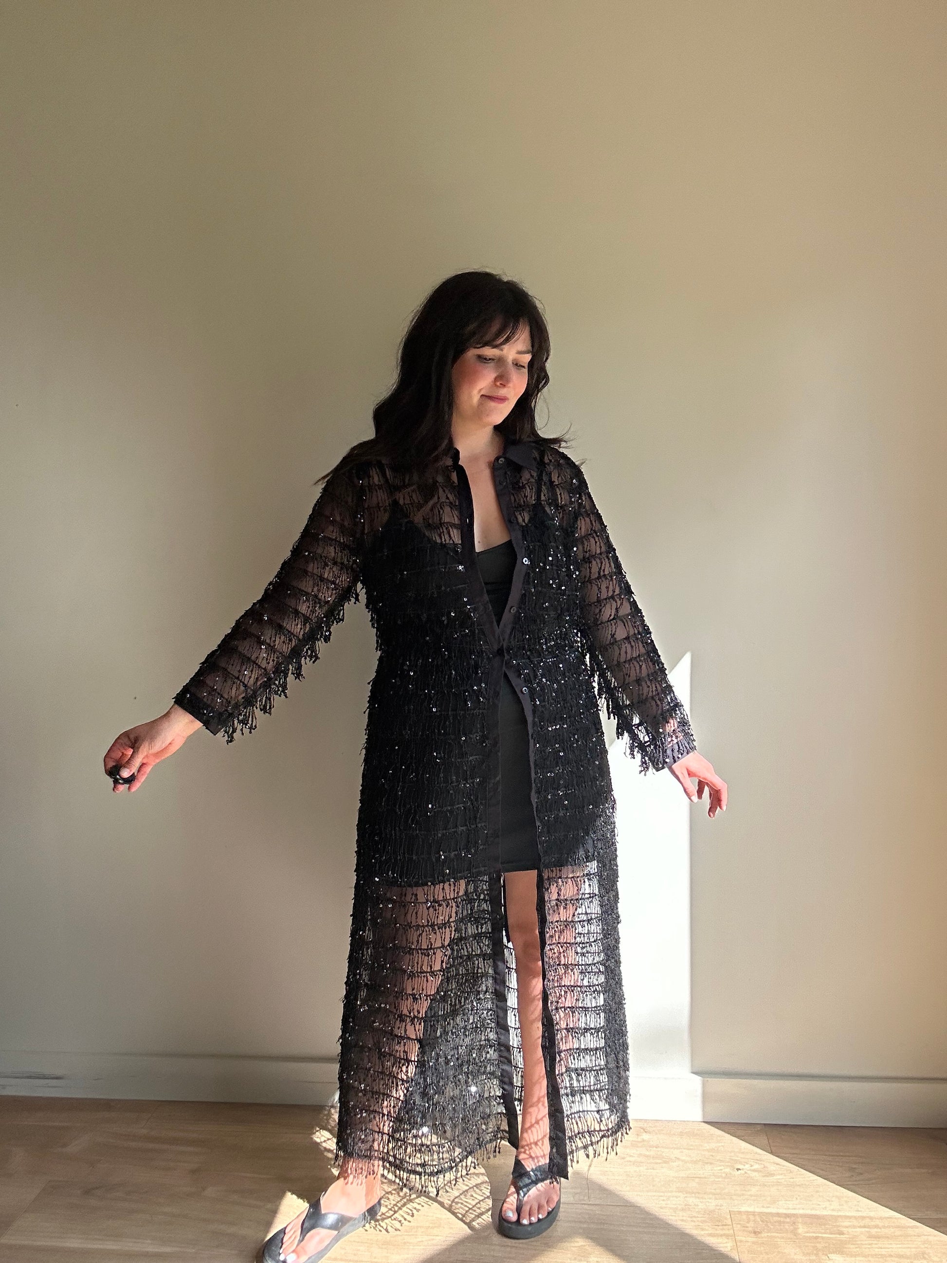 Zara Sequin Fringe Shirt Dress, L