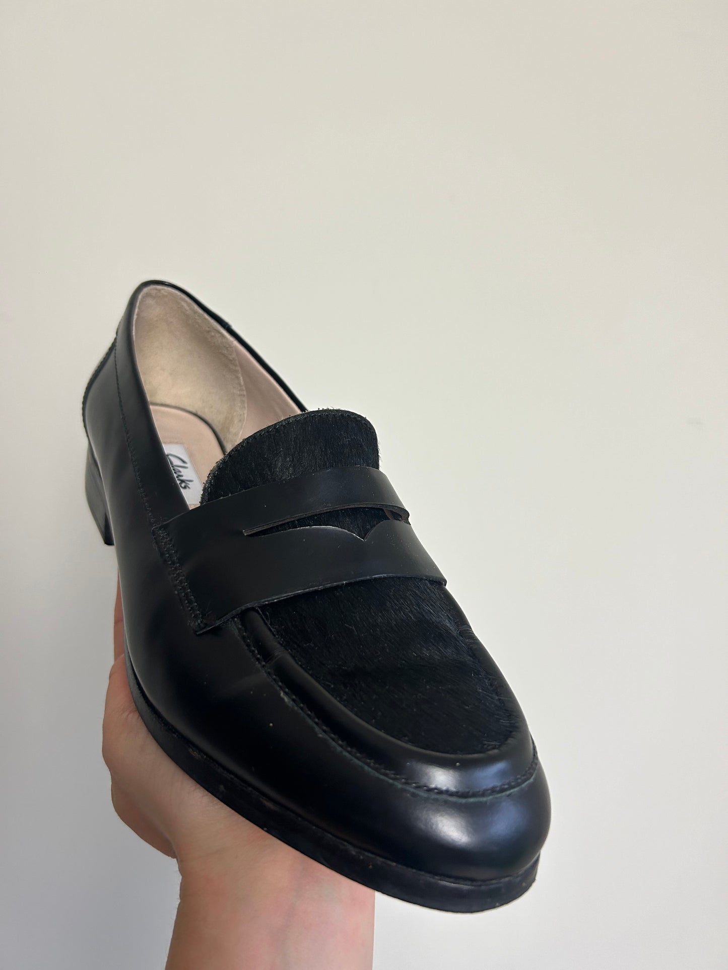 Black Clarks Leather & Fur Loafers, 6.5