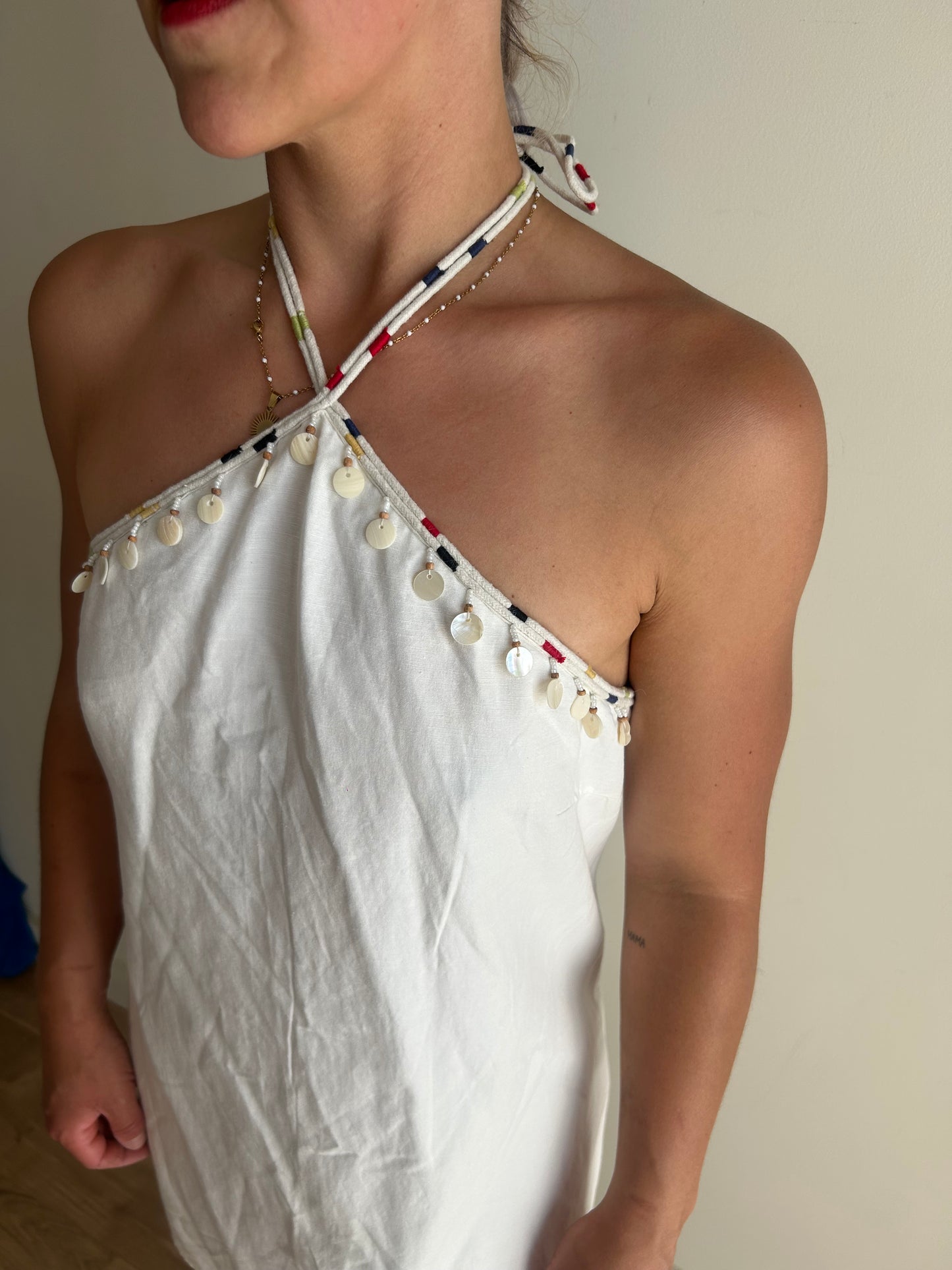 Zara NEW Linen Halter Beaded Dress, S