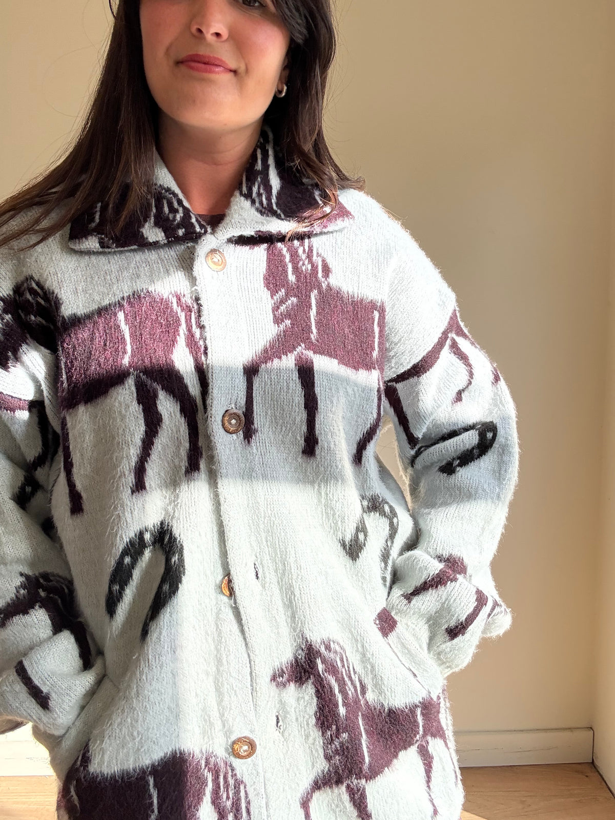 Vintage Horse Print Wool Cardigan, L - XL