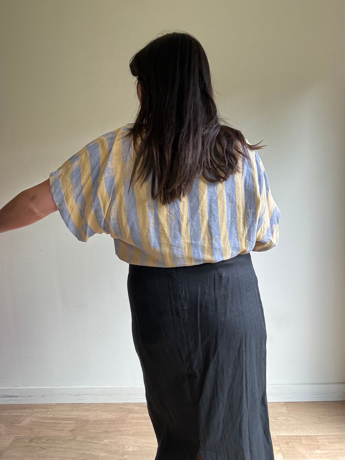 Black Crane Handpainted Stripe Box Top, M