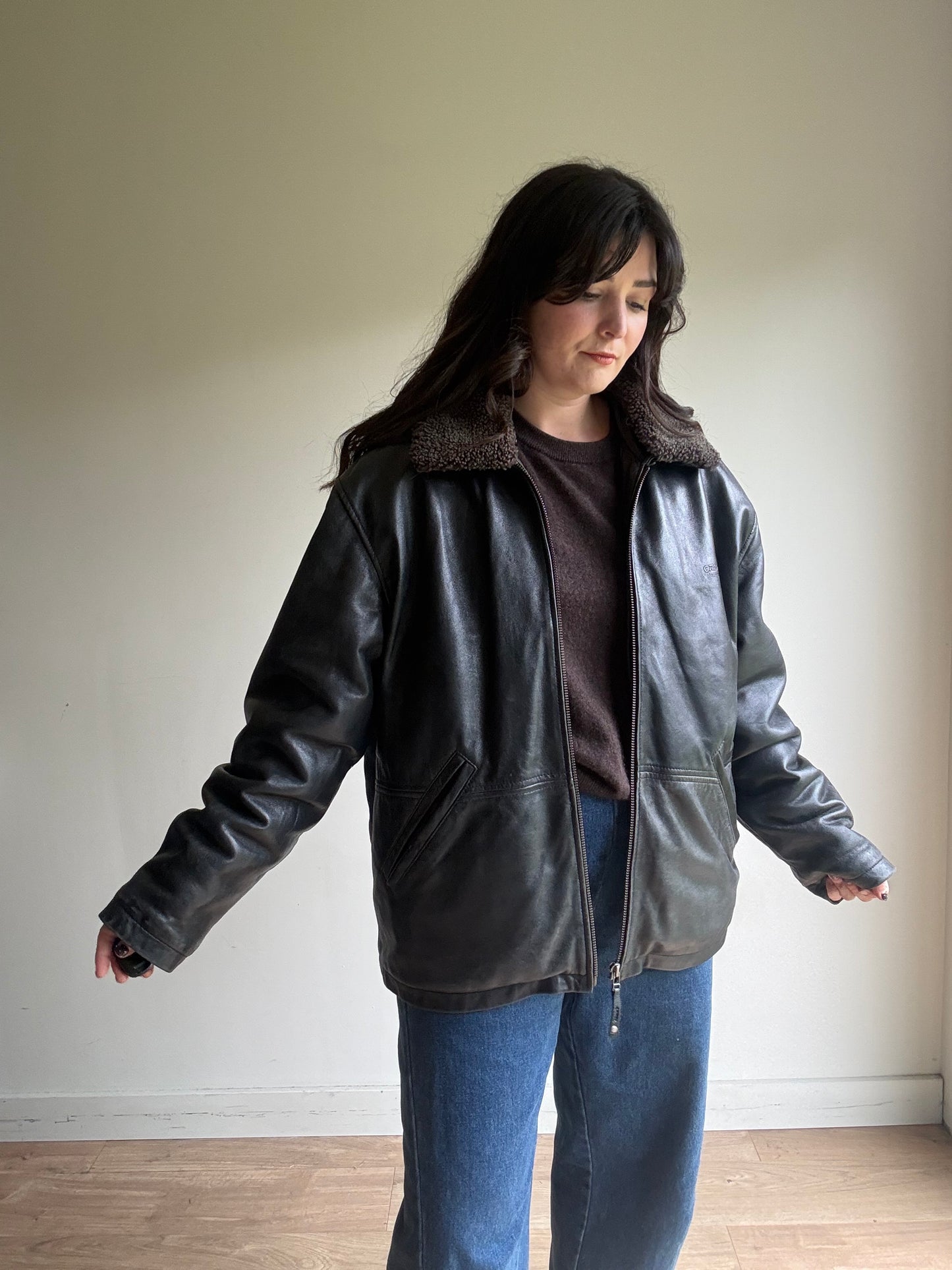 Leather Bomber Jacket with Cosy Collar, L-XL