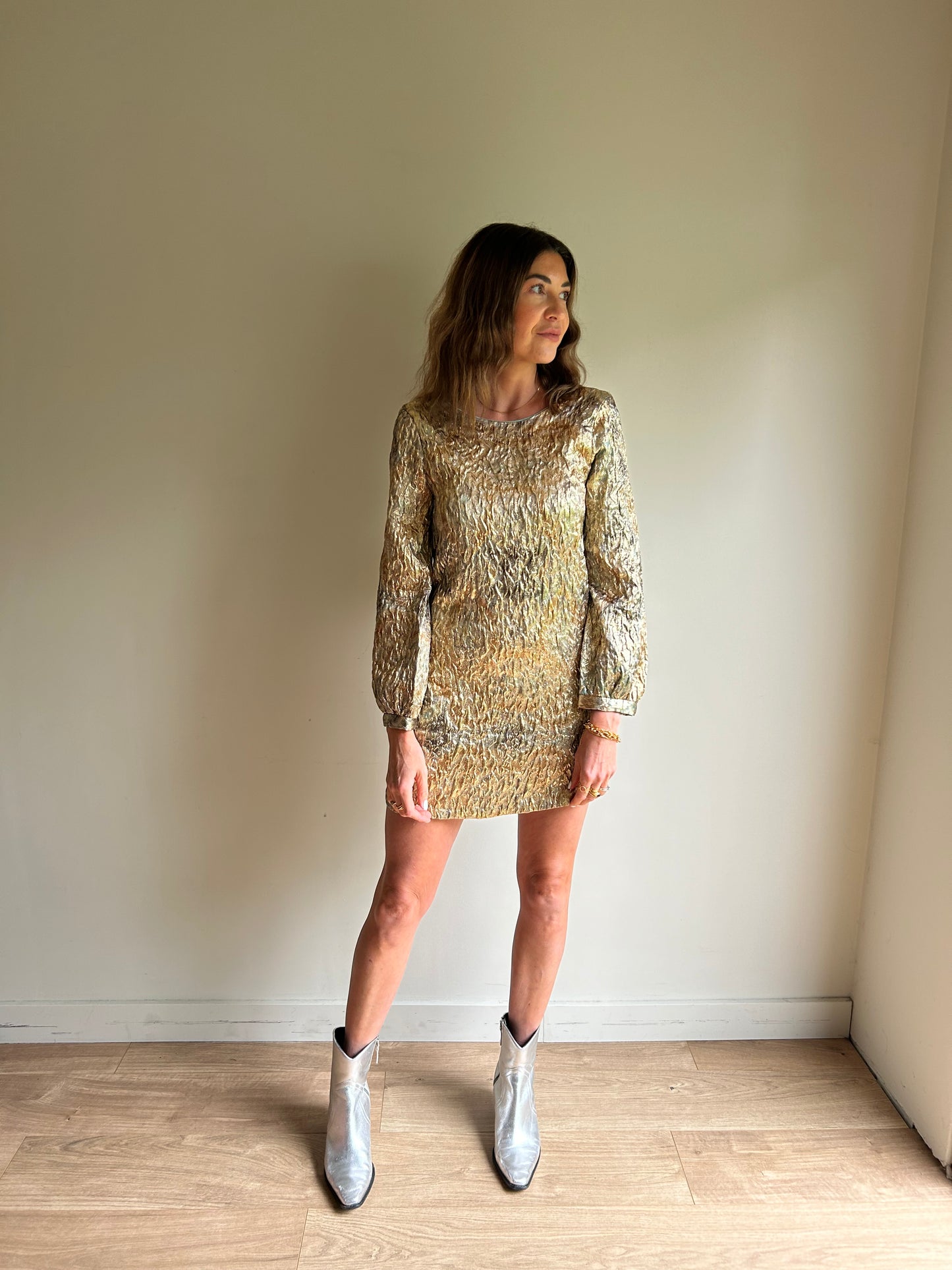 Gold Zara NEW Textured Mini Dress, XS