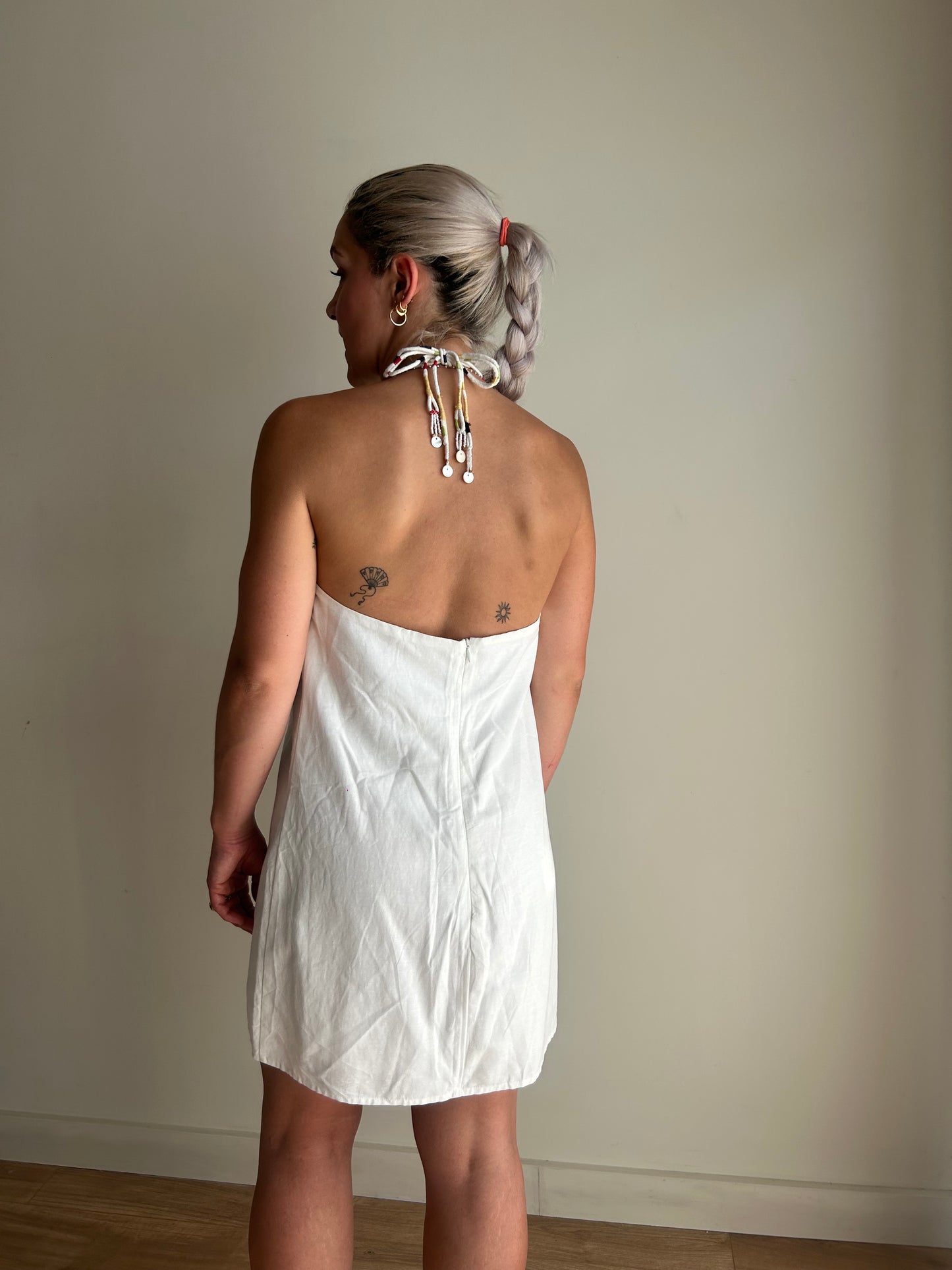 Zara NEW Linen Halter Beaded Dress, S