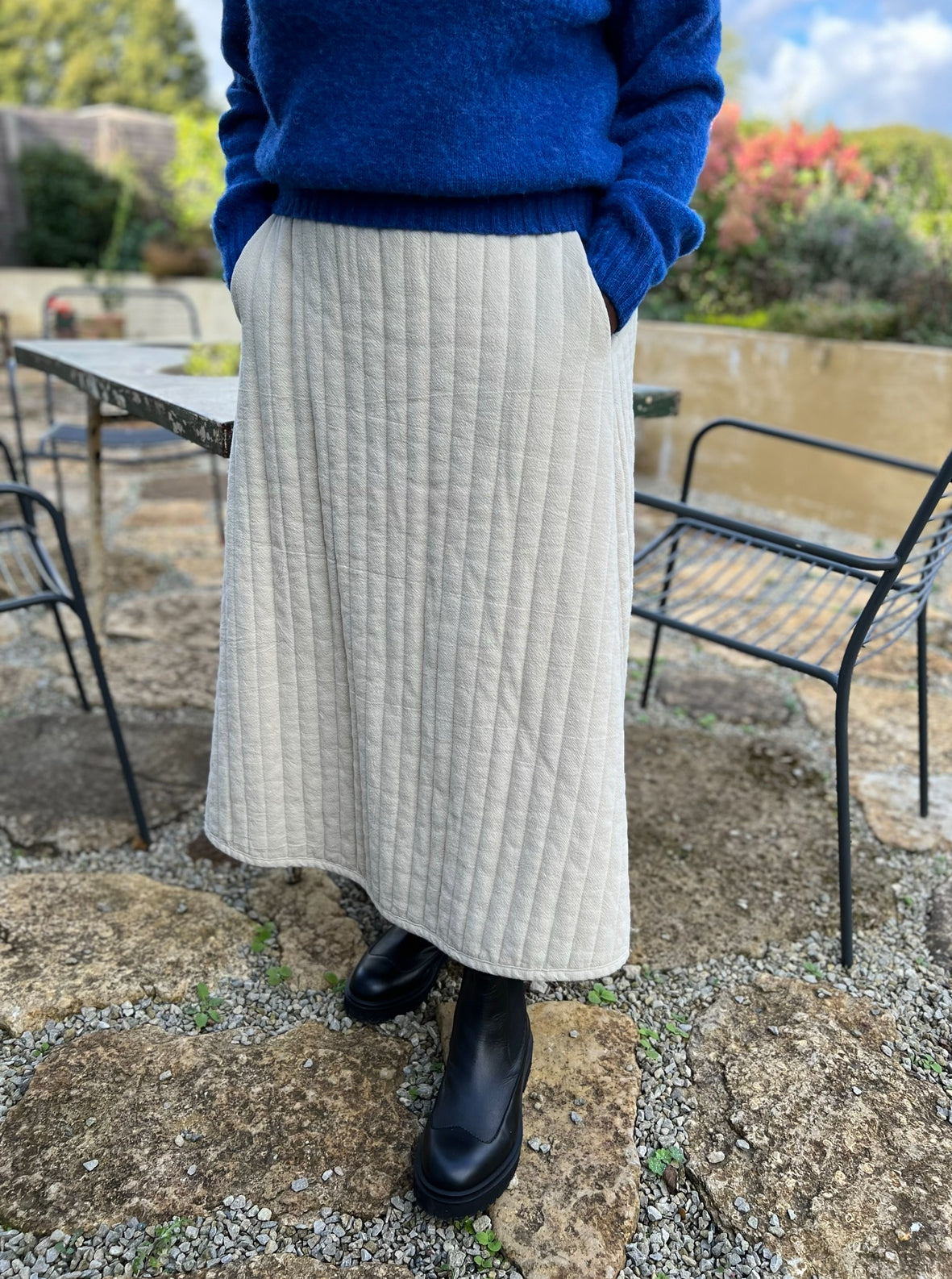 Black Crane Quilted Stripe Circle Skirt, S-M