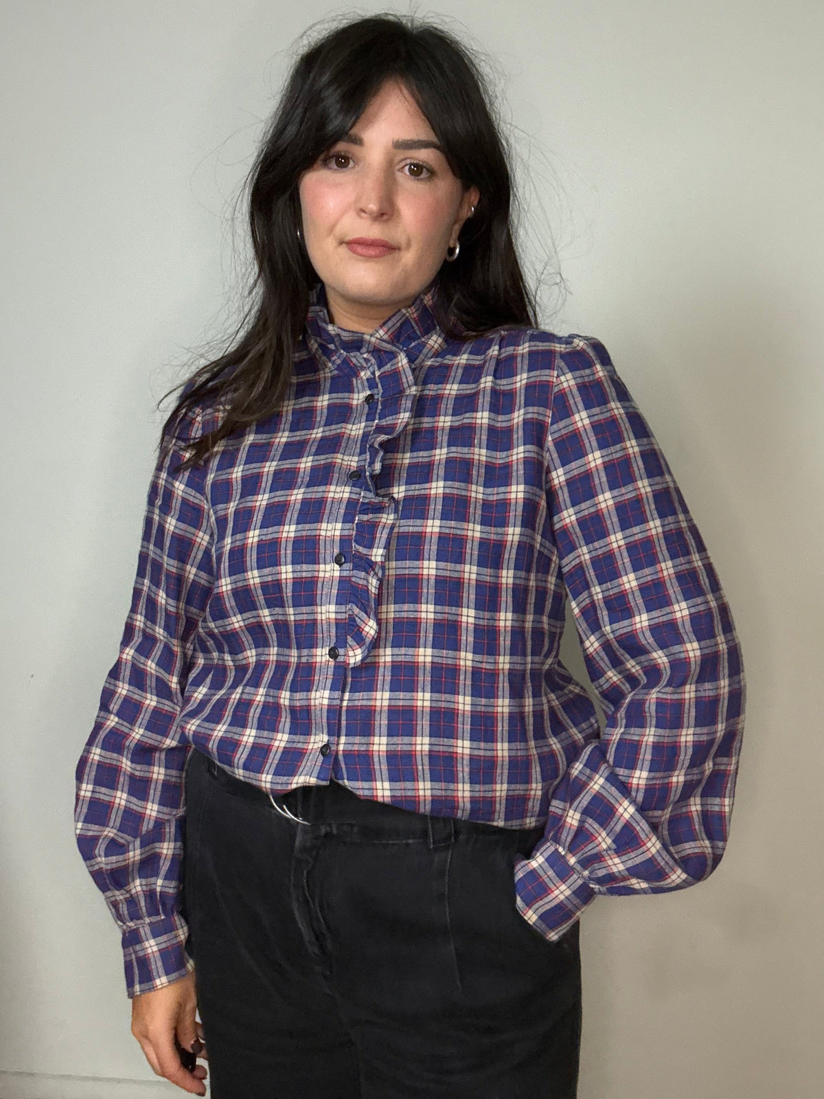 Sezane Check Frill Shirt Blouse, 40