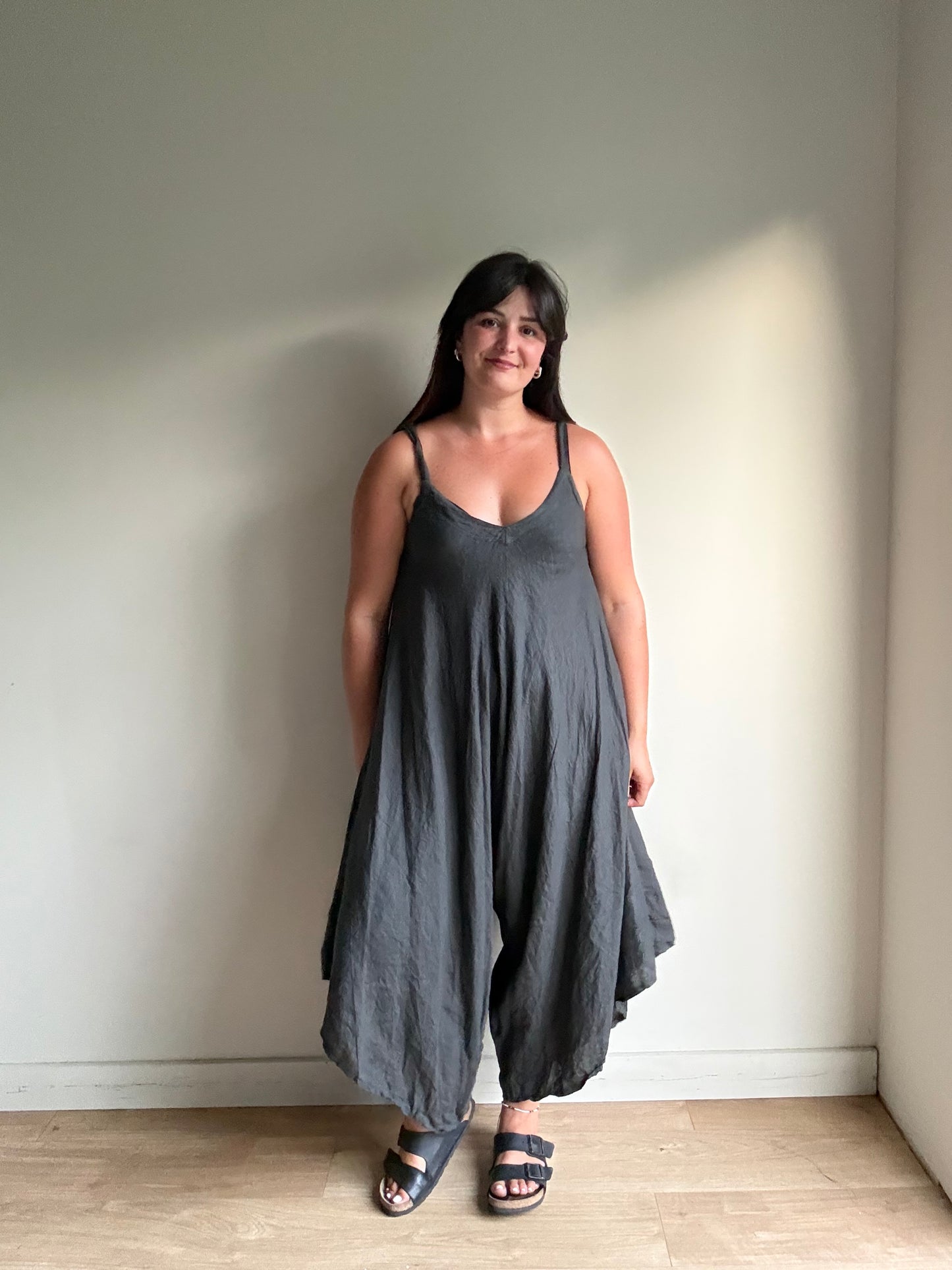 Grey Linen Wide Leg Jumpsuit, One Size