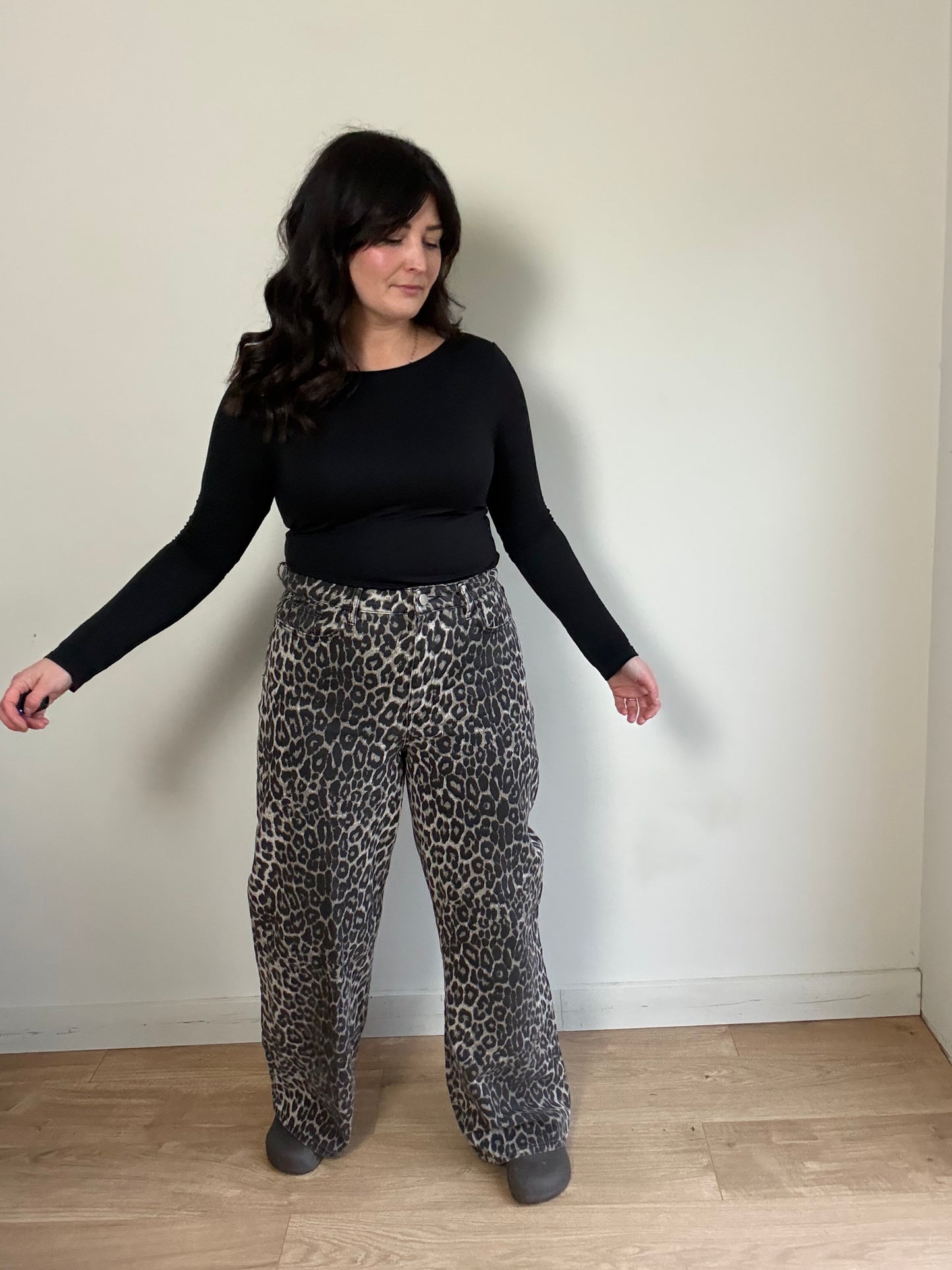 Leopard Print Wide Leg Jeans, 14
