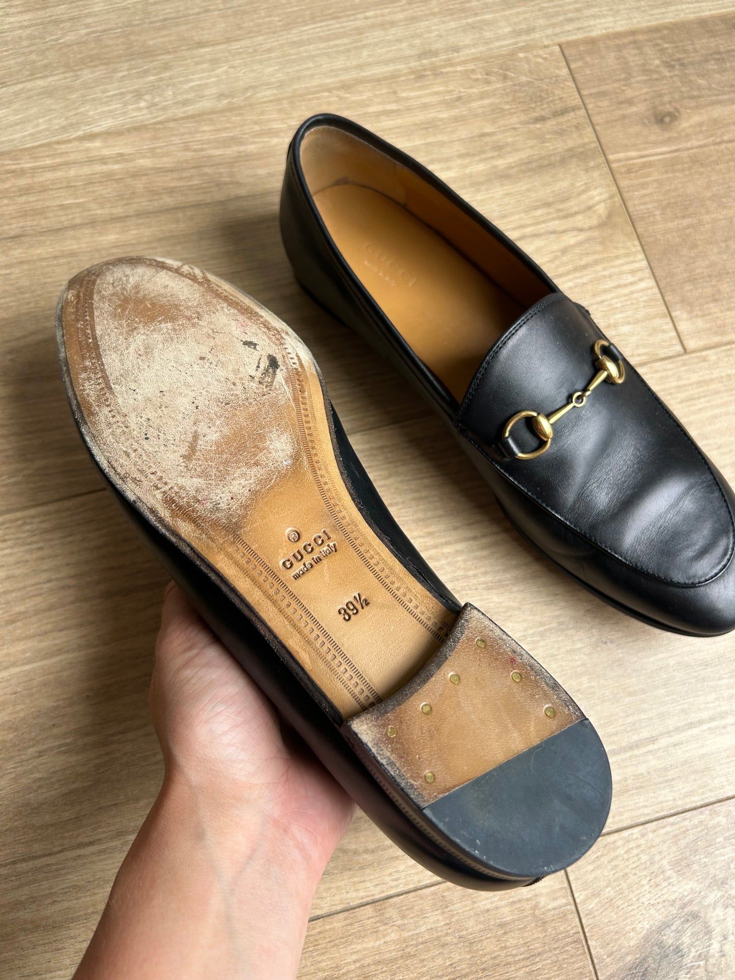Black Gucci Jordaan Horsebit Leather Loafers, 39.5