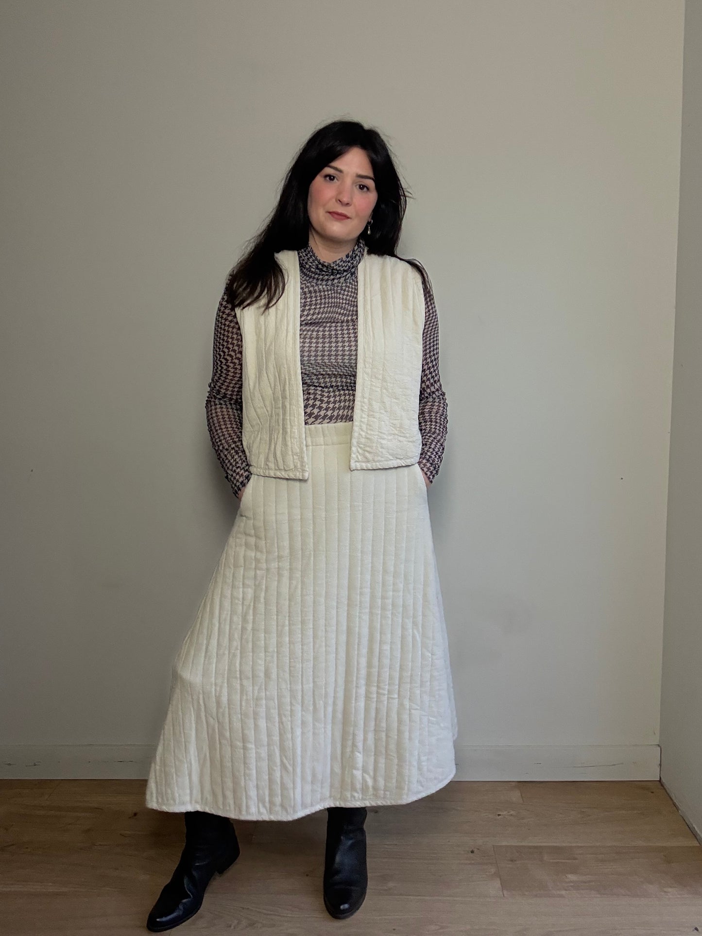 Black Crane Quilted Stripe Circle Skirt, S-M