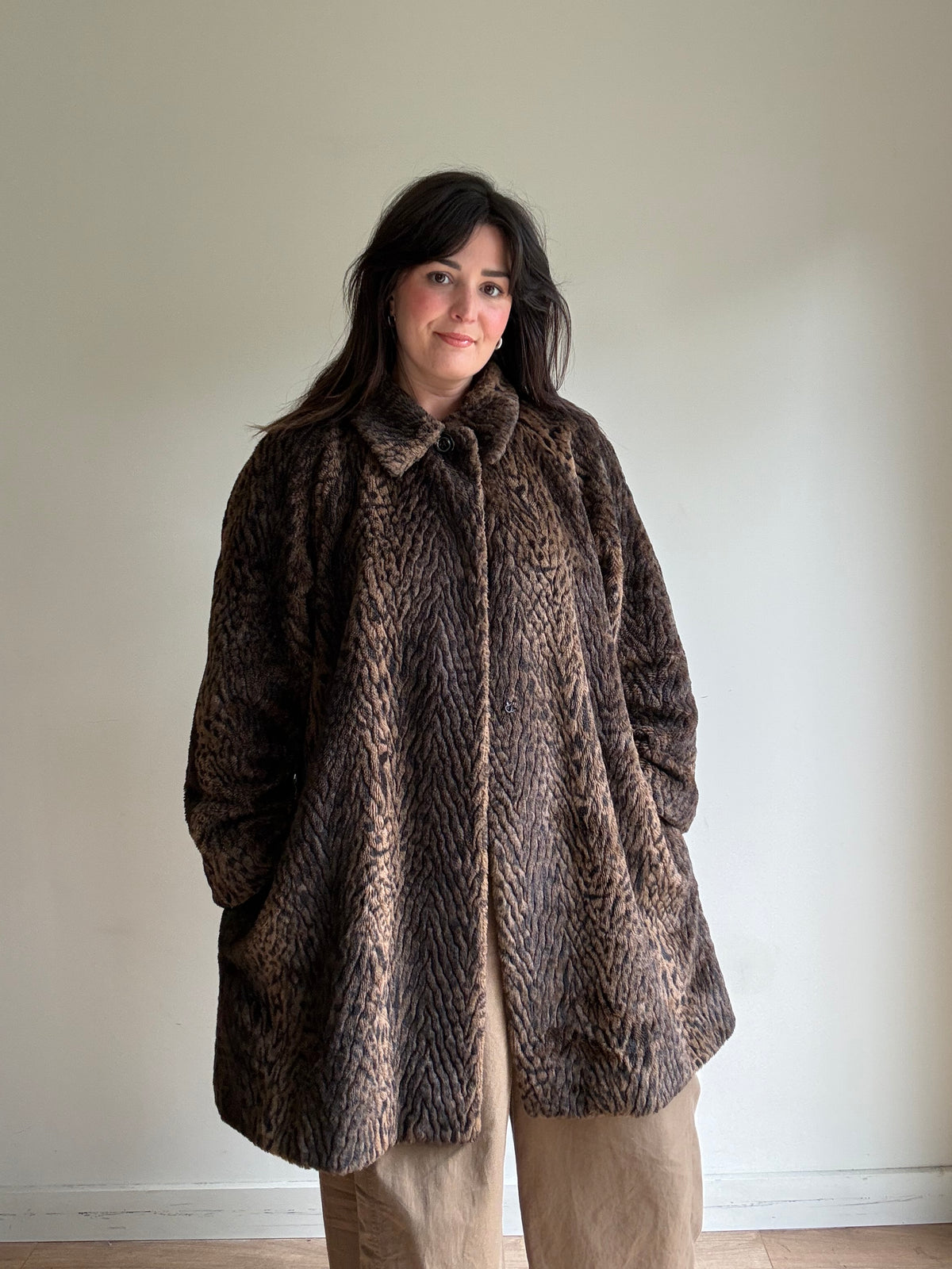 Vintage Jaeger Leopard Faux Fur Coat, M-L