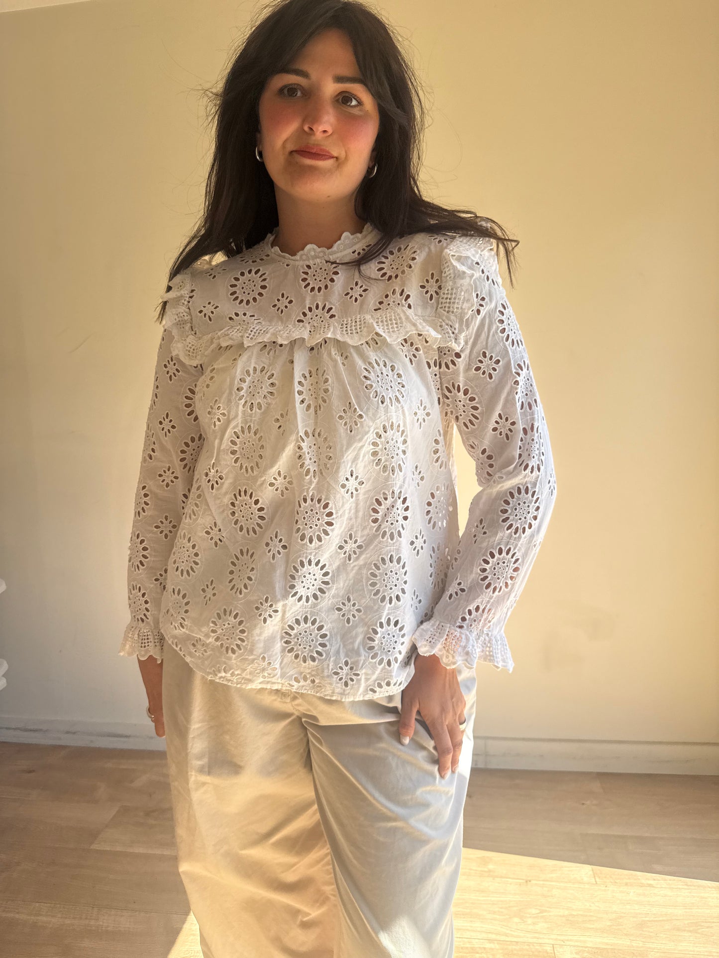 White Zara Cut Out Embroidered Top, M