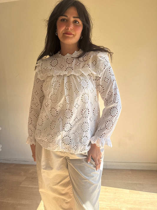 White Zara Cut Out Embroidered Top, M