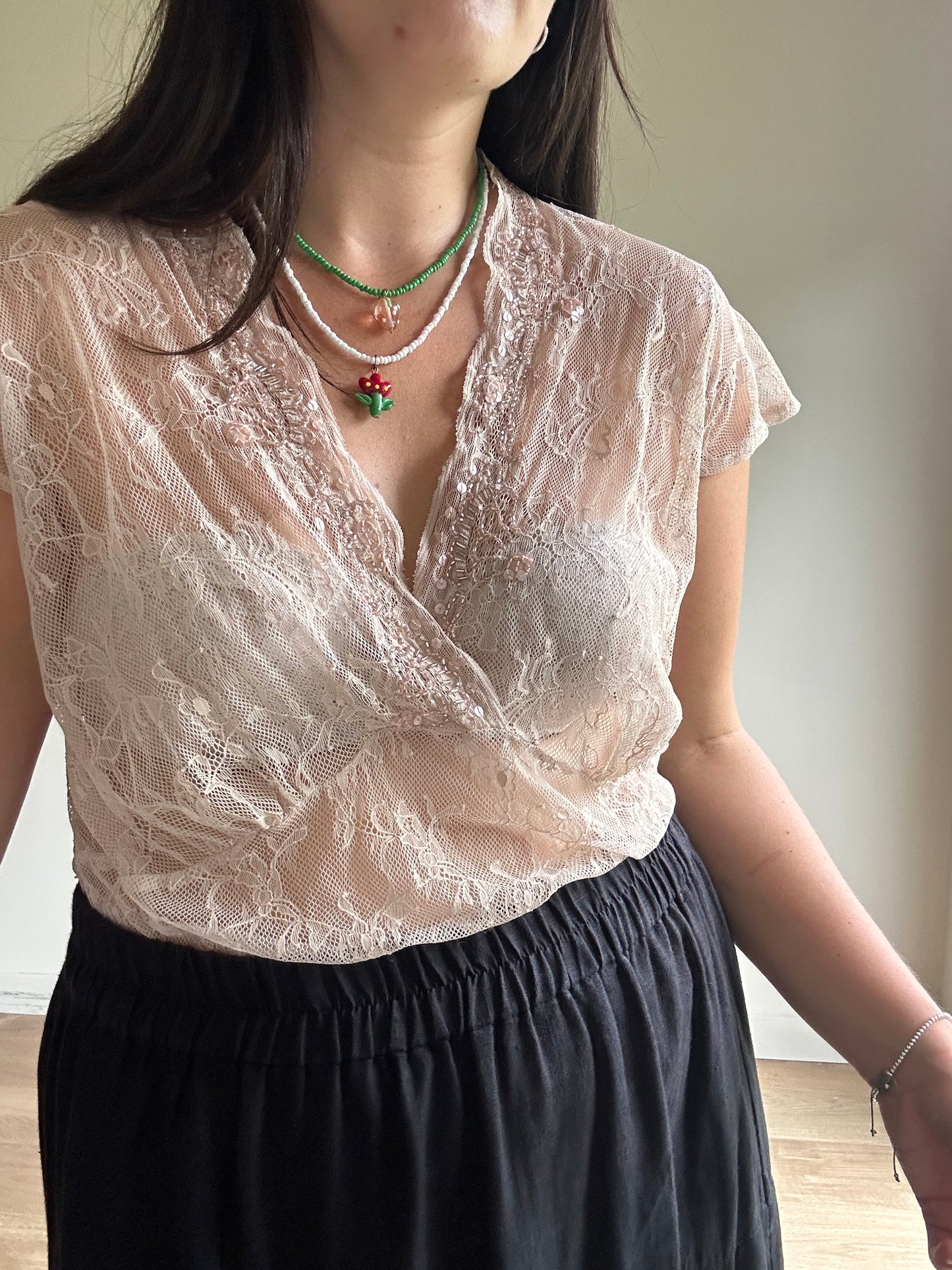 Blush Vintage Lace Beaded Top, XL