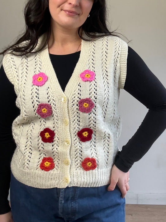 Hand-knit Crochet Flower Vest, L