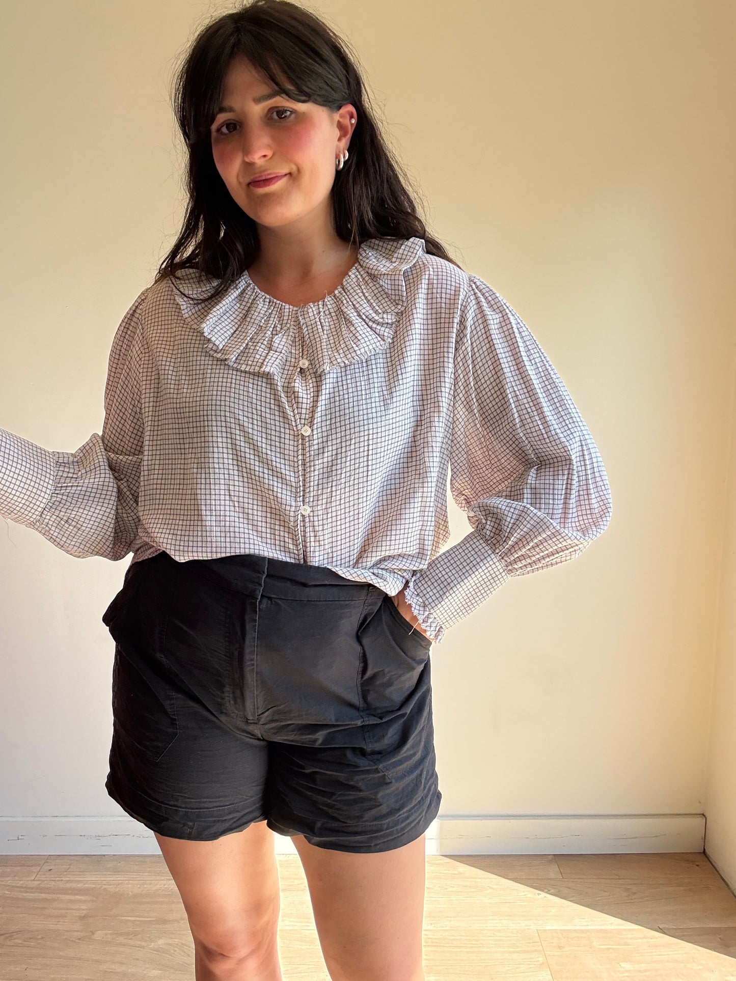 Zara Grid Check Frill Blouse, L