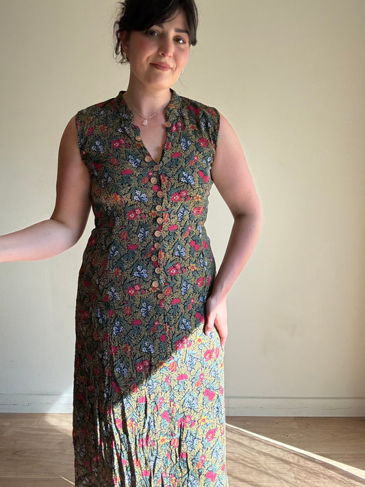 Vintage Floral Button Up Dress, M