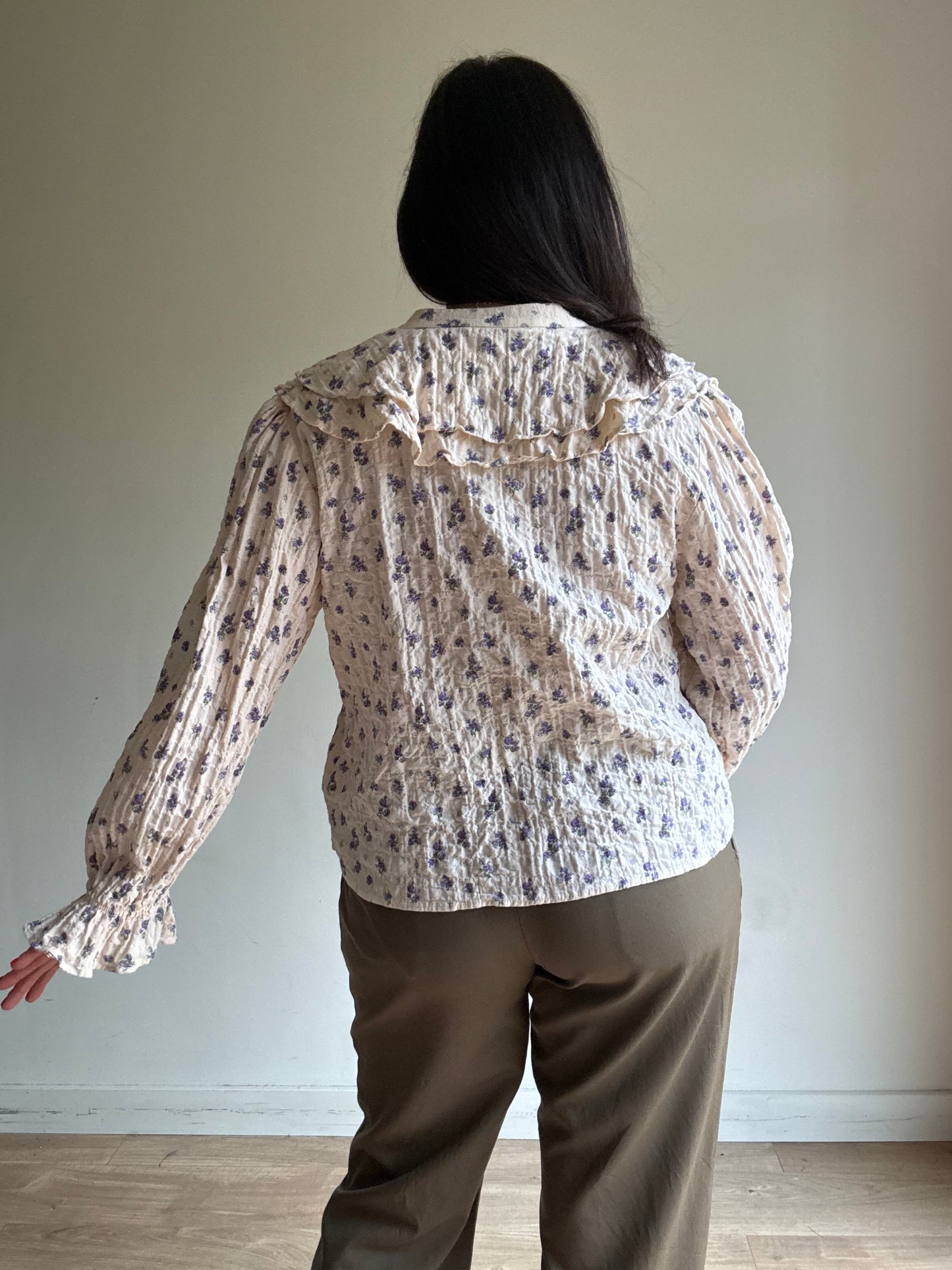 Cream Zara Floral Cotton Collared Blouse, XL