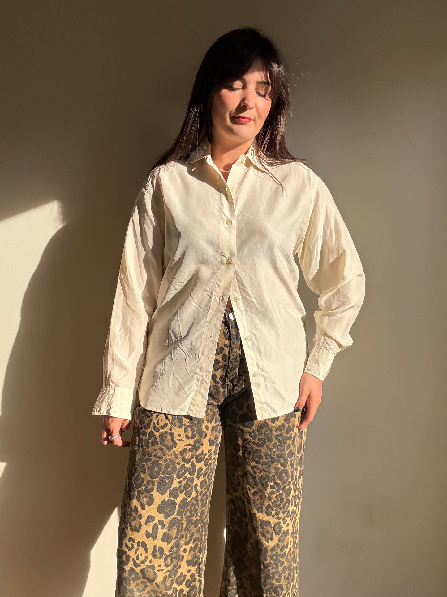 Cream Vintage Pure Silk Embroidered Shirt, M