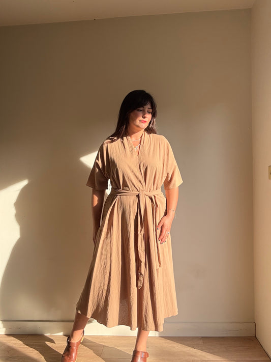 Tan Pure Cotton Belted Dress, M/L