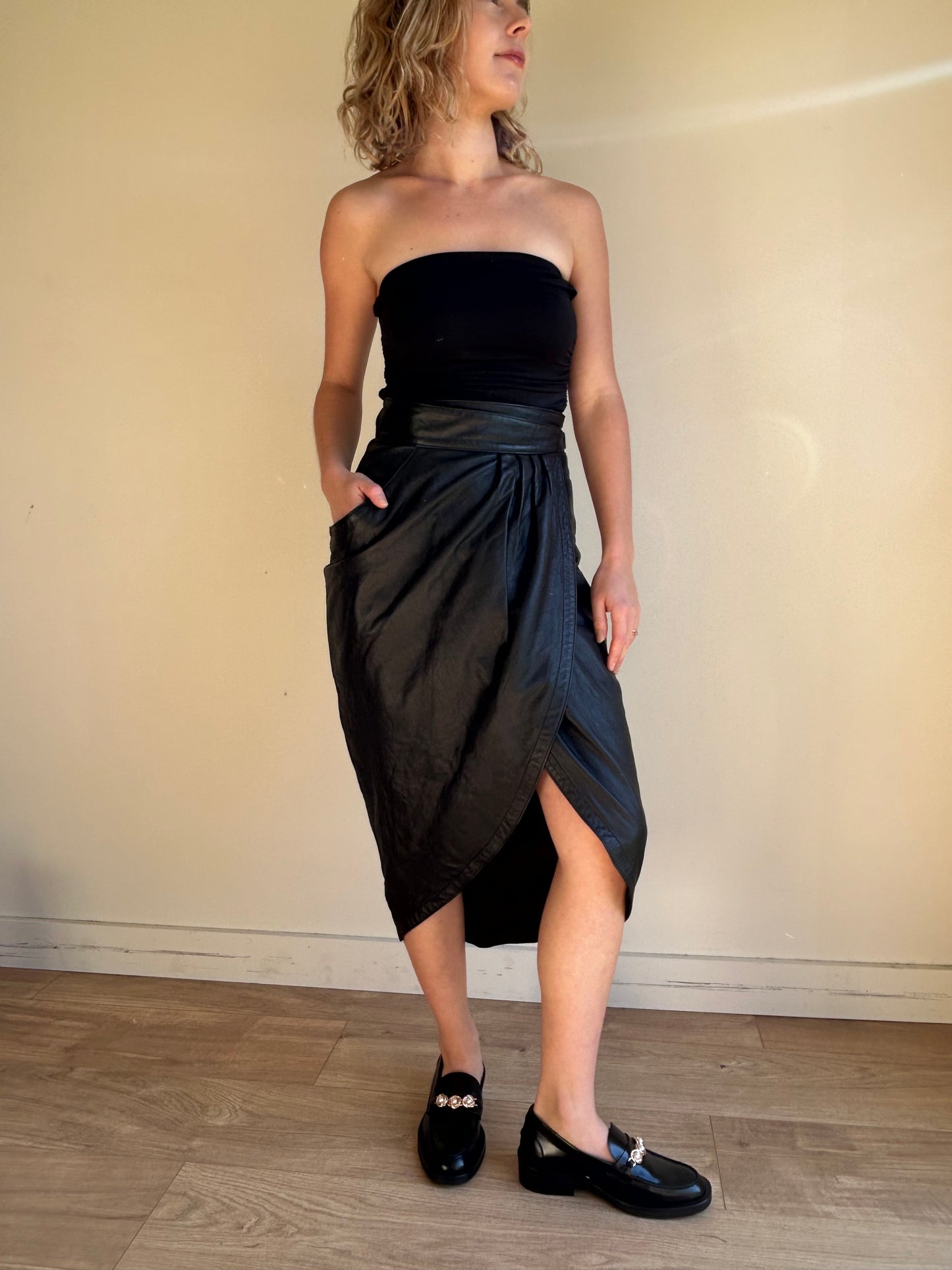 Vintage Real Leather Wrap Skirt, 8-10