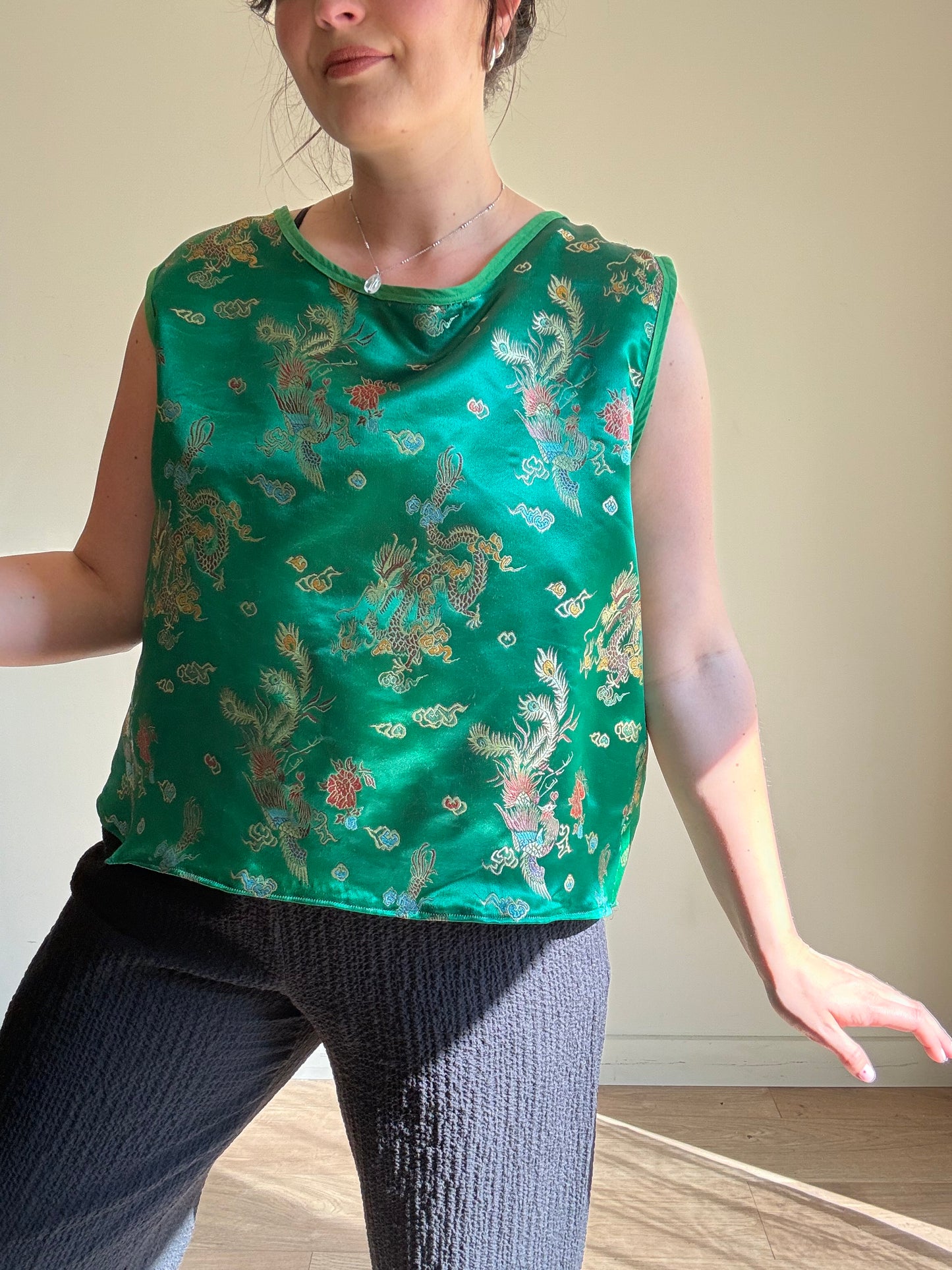 Handmade Chinese Print Satin Top, L/XL