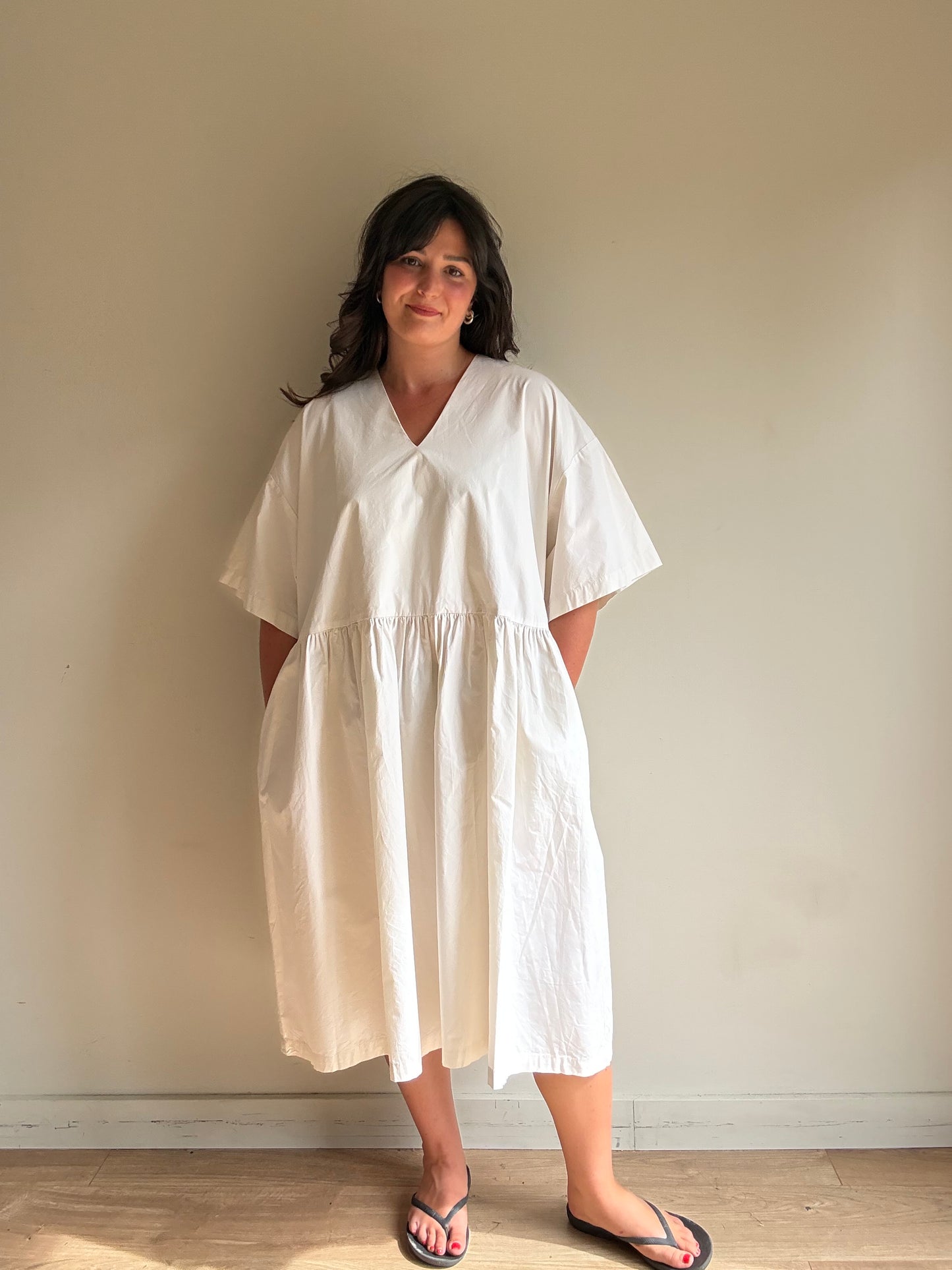 Black Crane V-Neck Wide Cotton Dress, S (oversized)