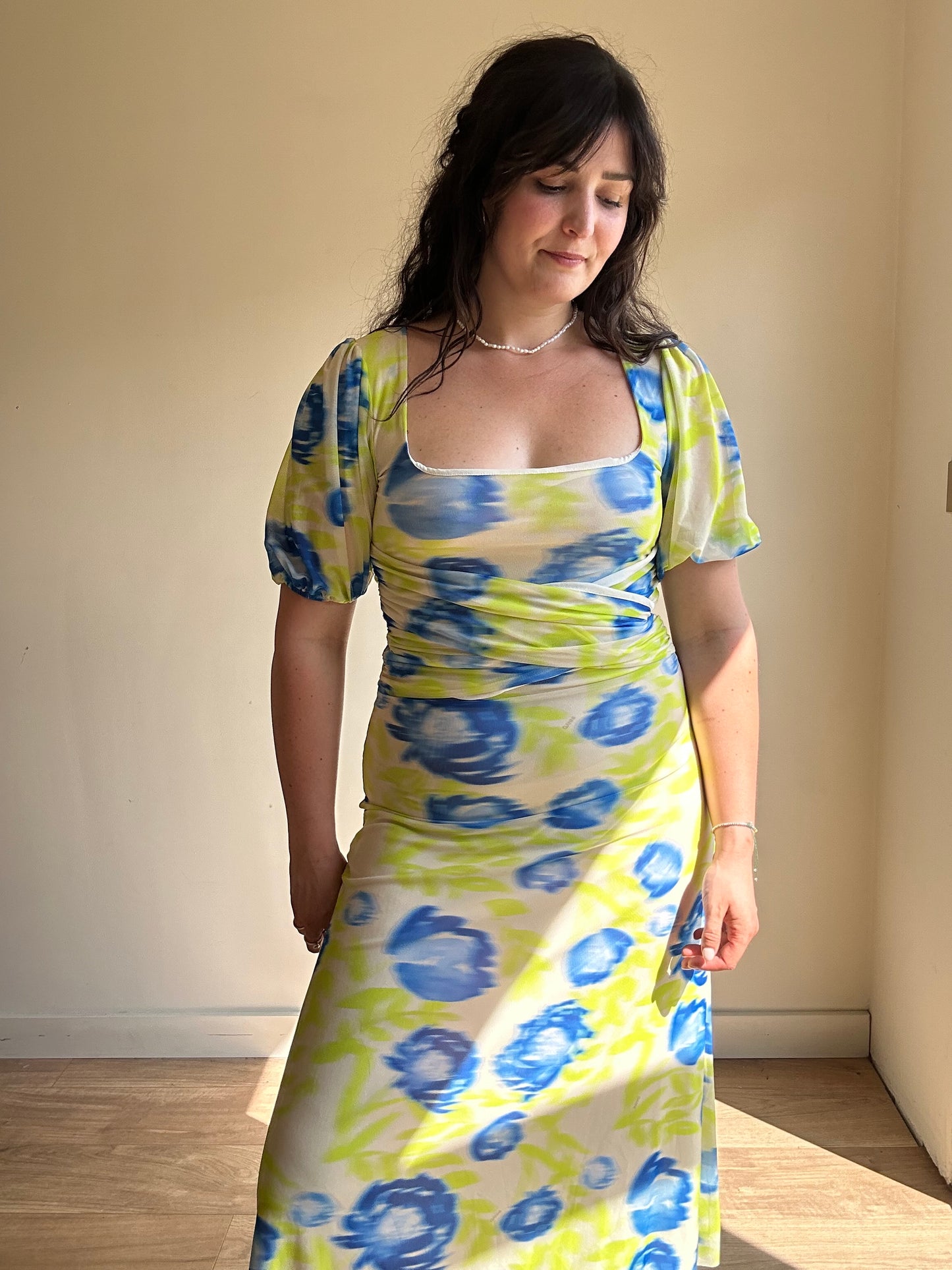 Ganni Ruched Printed Stretch-Mesh Dress, 36