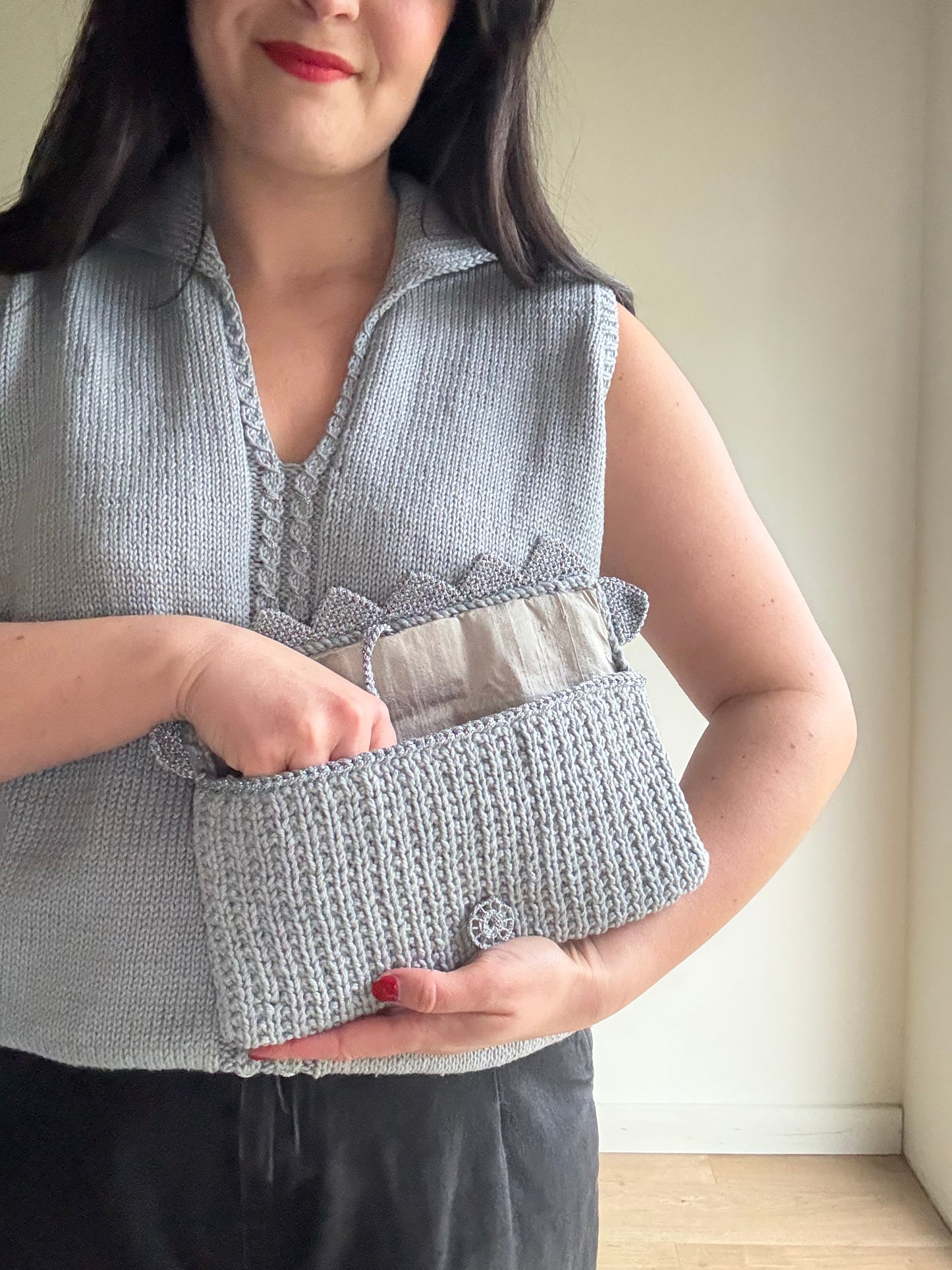 Handknit Silver Knitted Clutch Bag, O/S